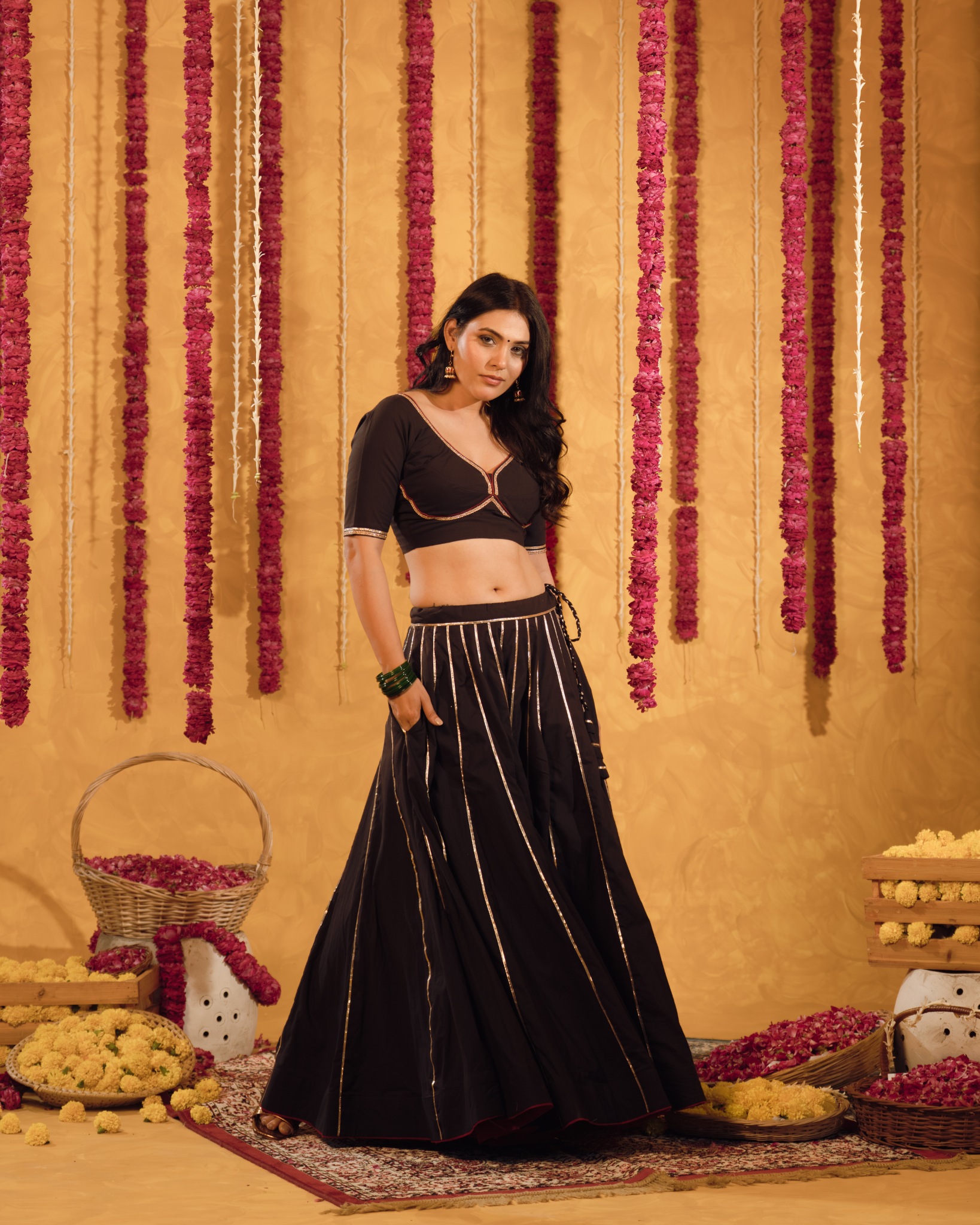 Royal Black cotton Lehenga set of 3