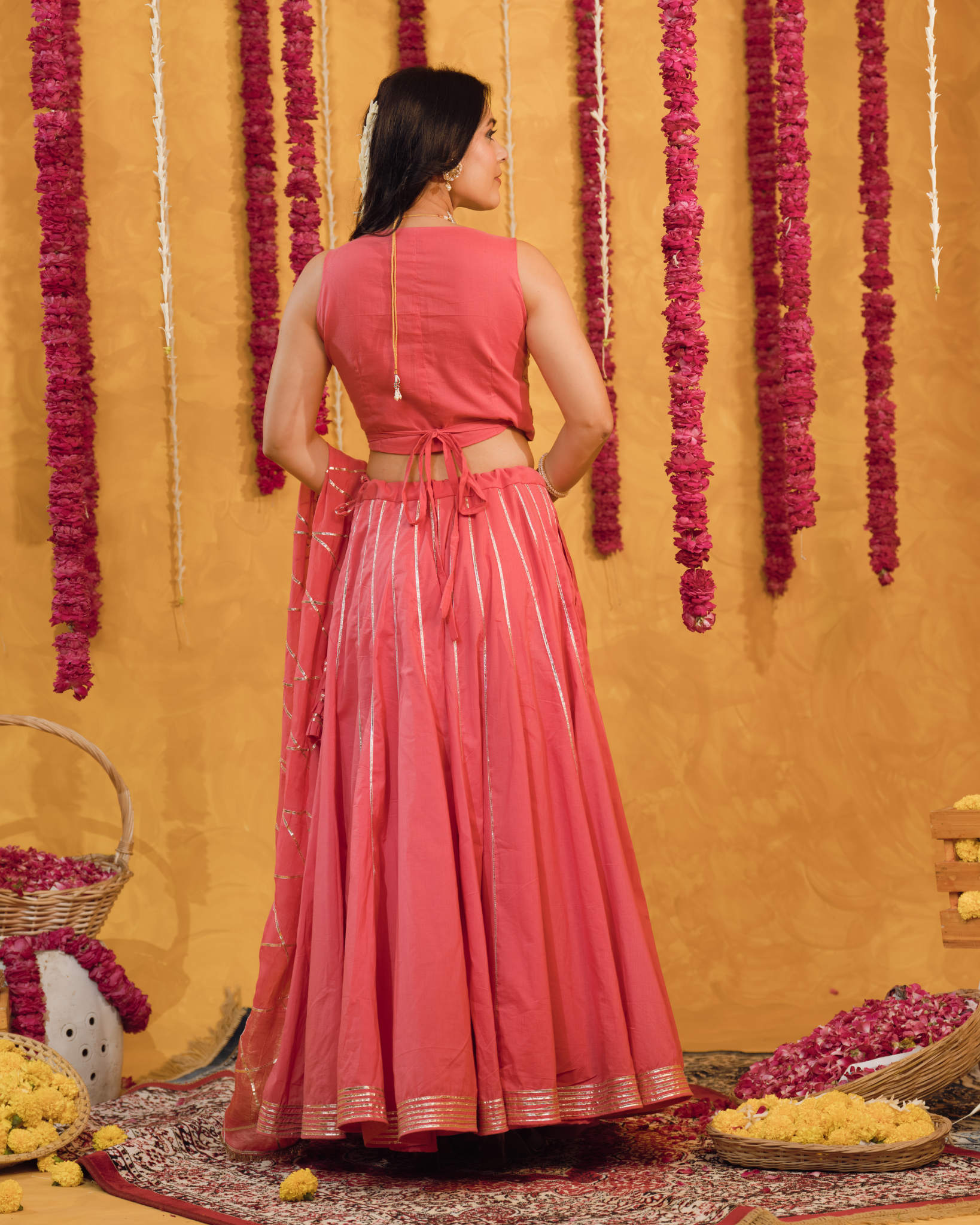 Roseberry peach pink cotton Lehenga set of 3