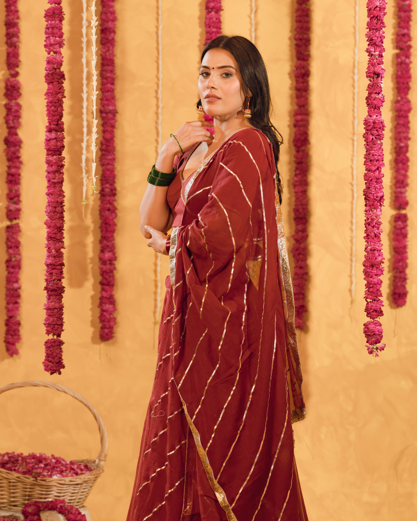 Berry wine cotton Lehenga set of 3