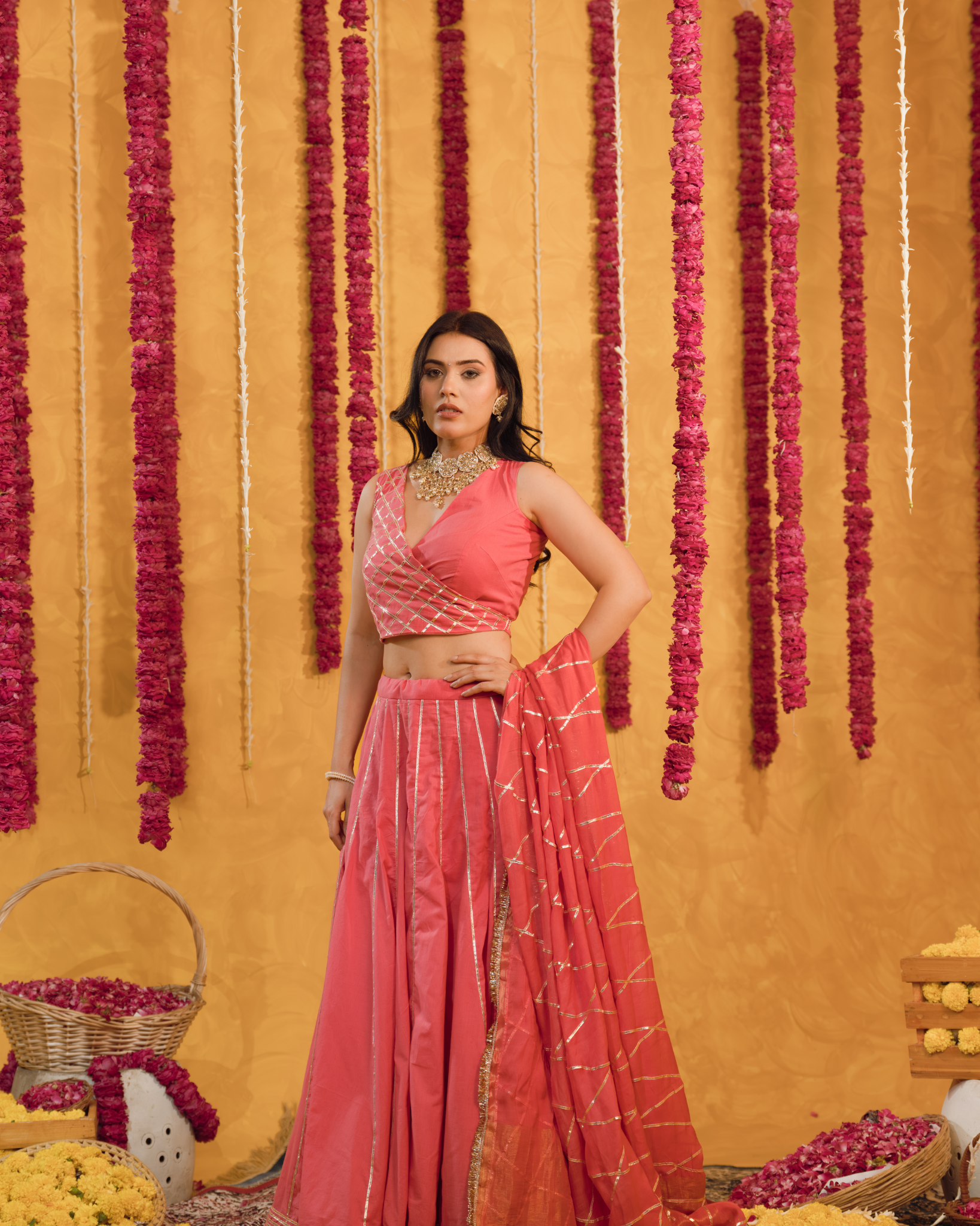 Roseberry peach pink cotton Lehenga set of 3