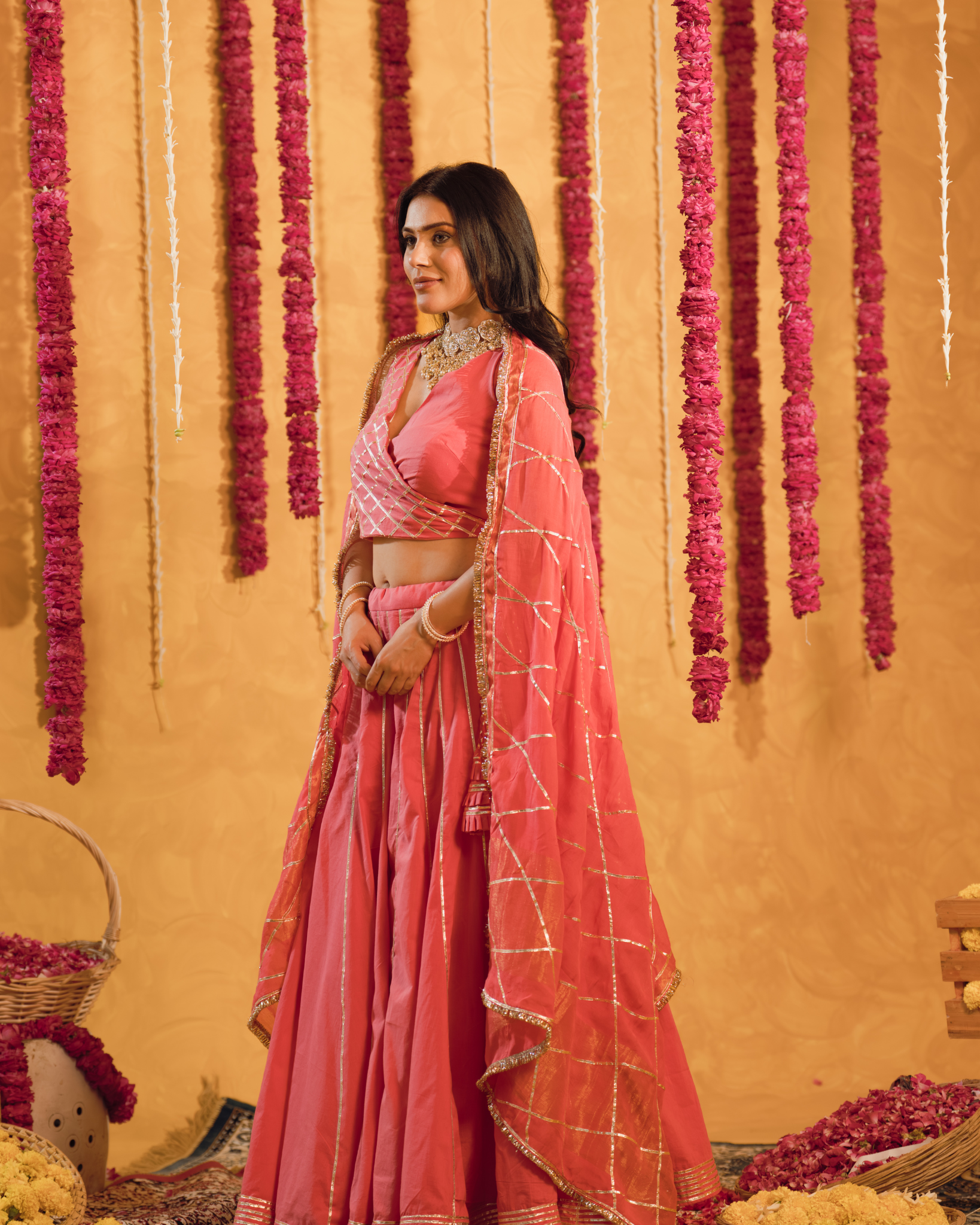 Roseberry peach pink cotton Lehenga set of 3