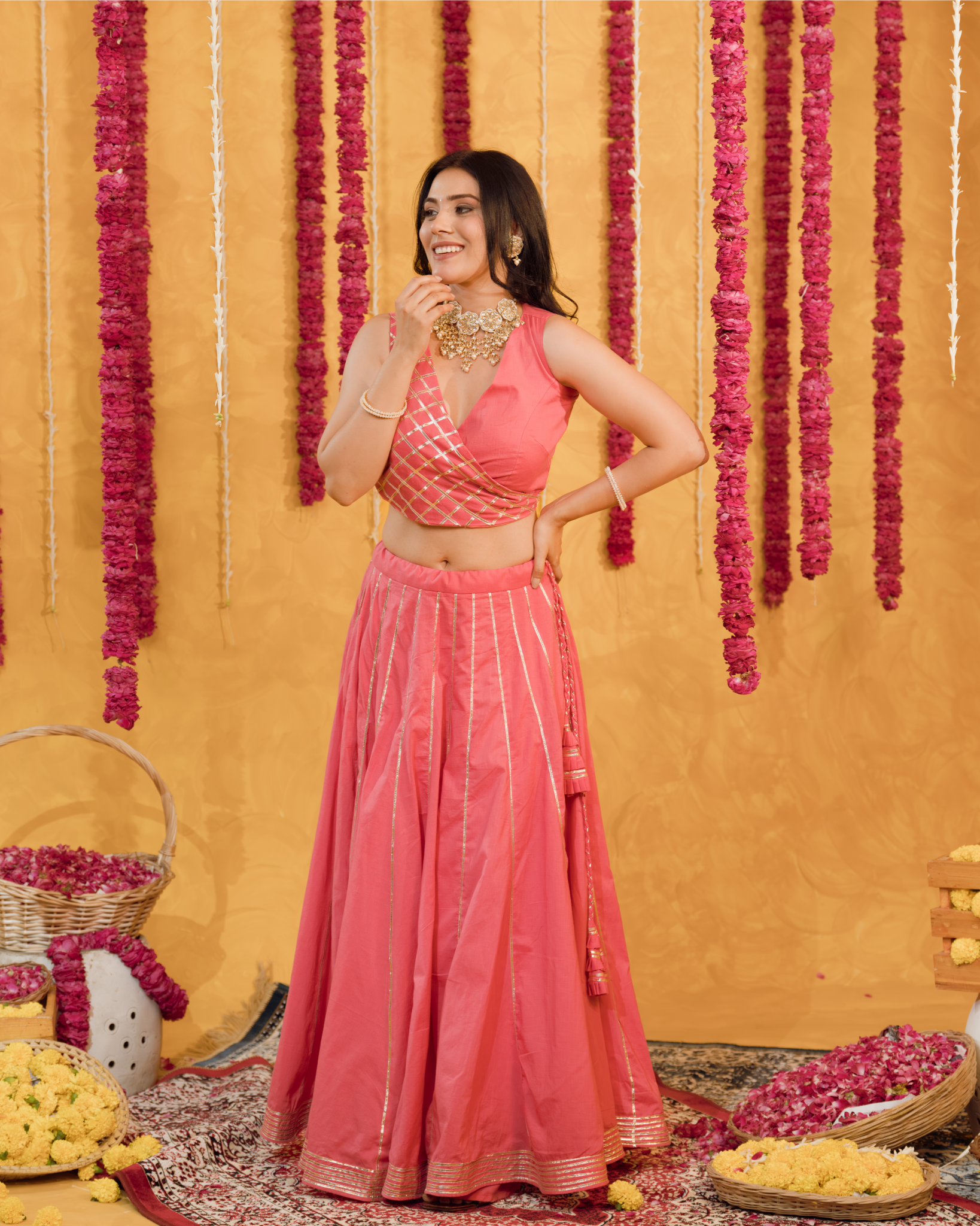 Roseberry peach pink cotton Lehenga set of 3