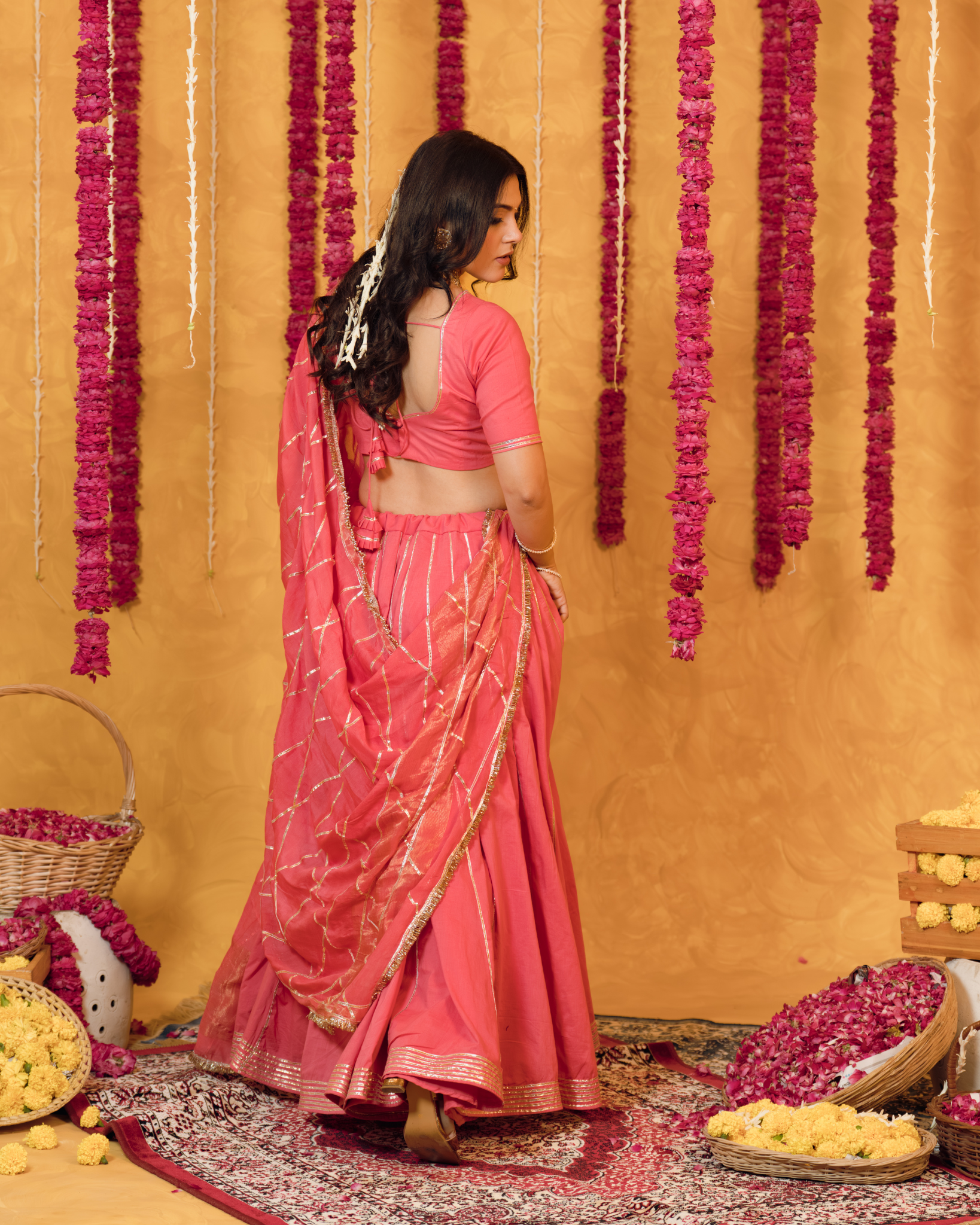 Roseberry peach pink cotton Lehenga set of 3