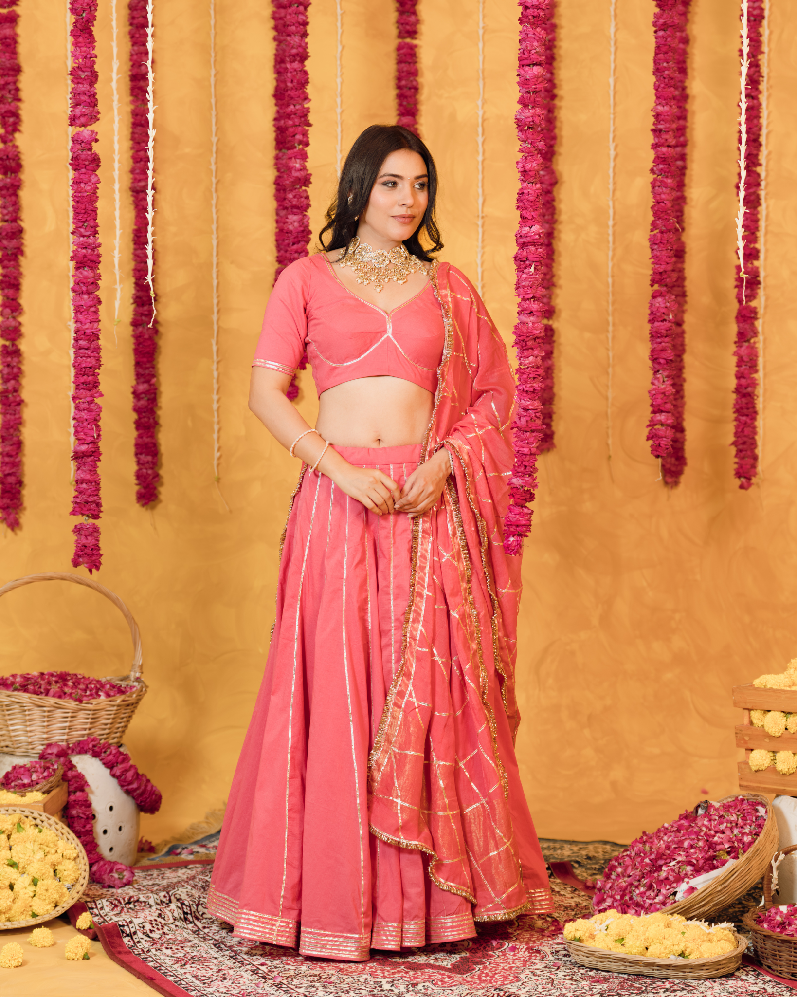 Roseberry peach pink cotton Lehenga set of 3