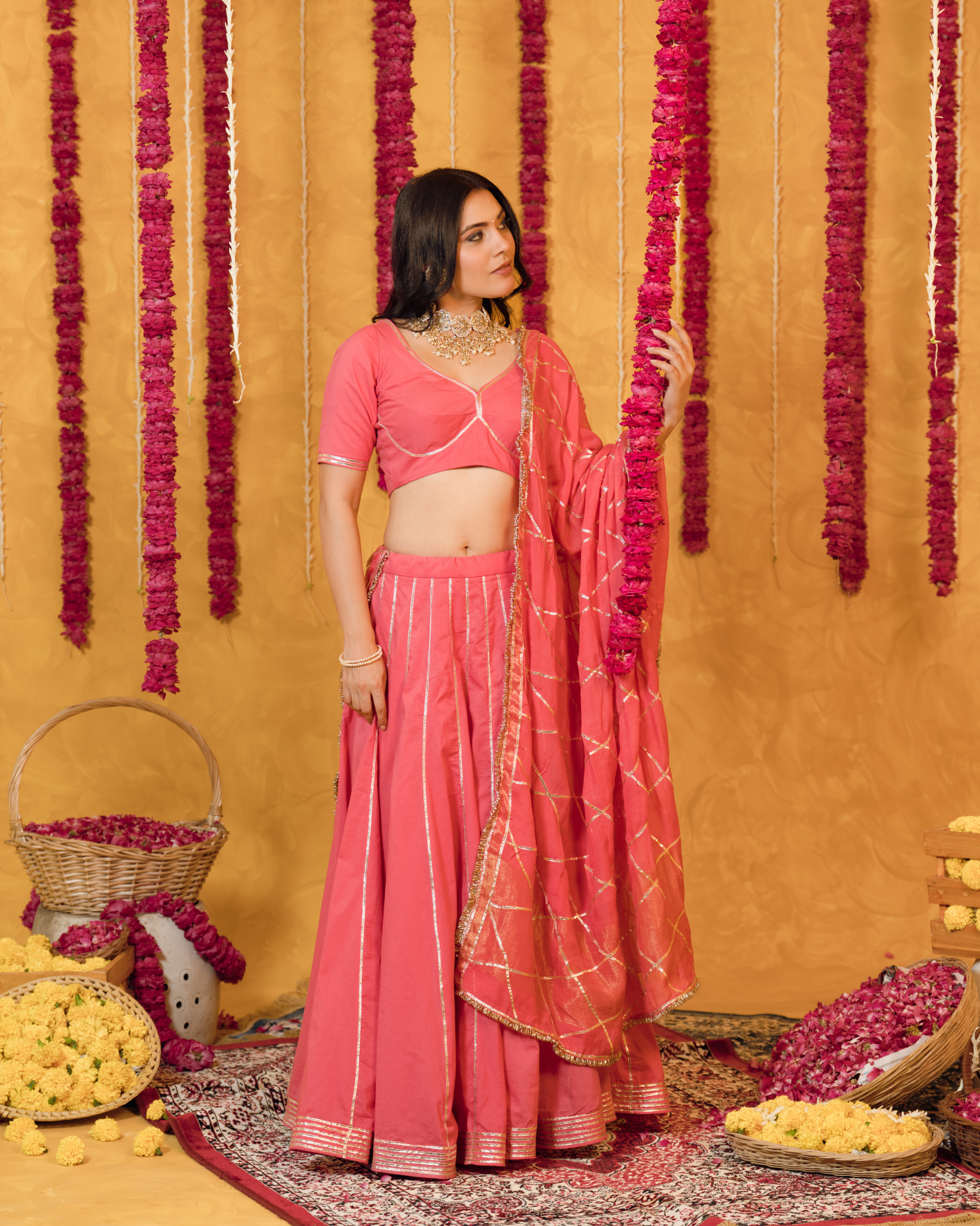 Roseberry peach pink cotton Lehenga set of 3