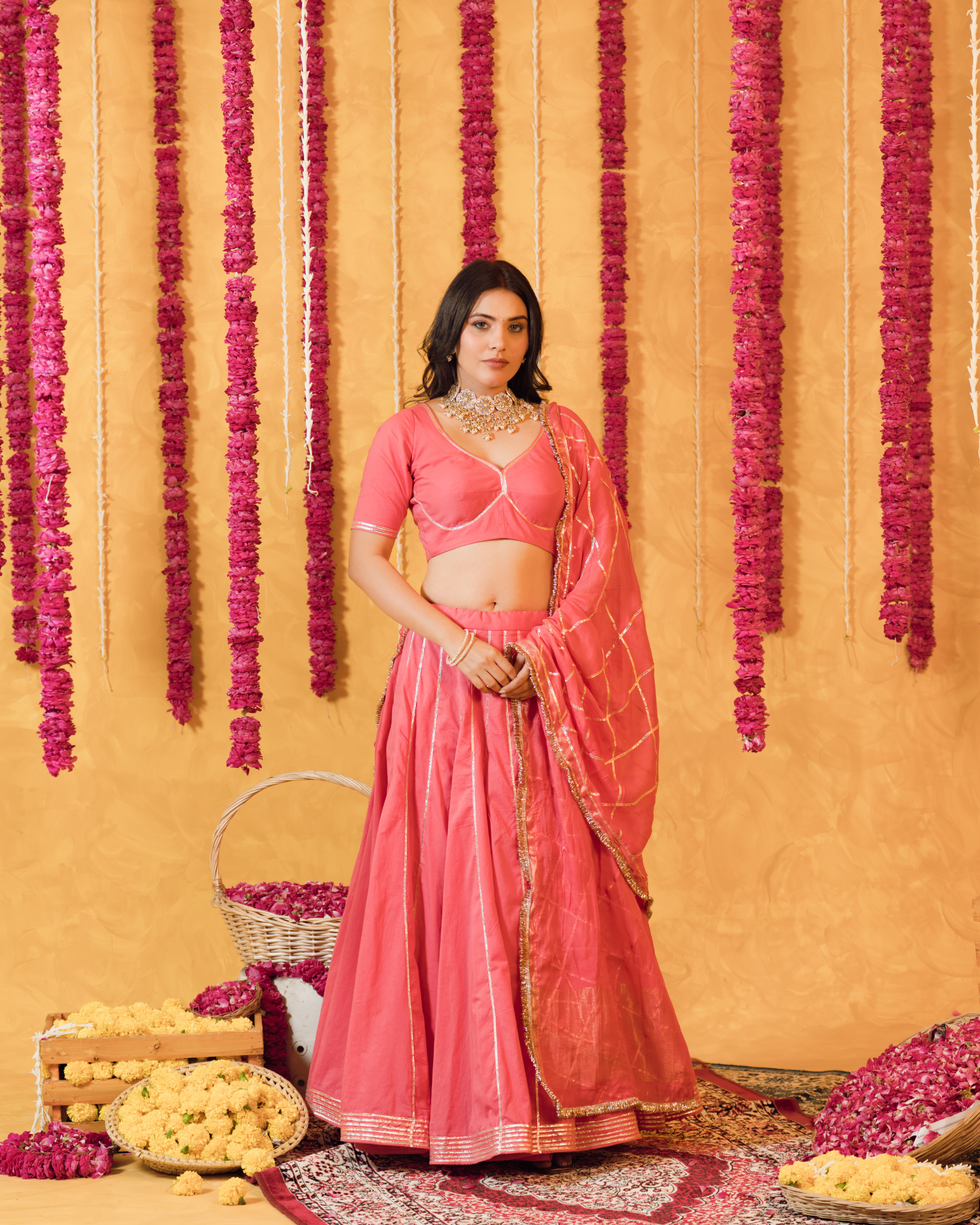 Roseberry peach pink cotton Lehenga set of 3