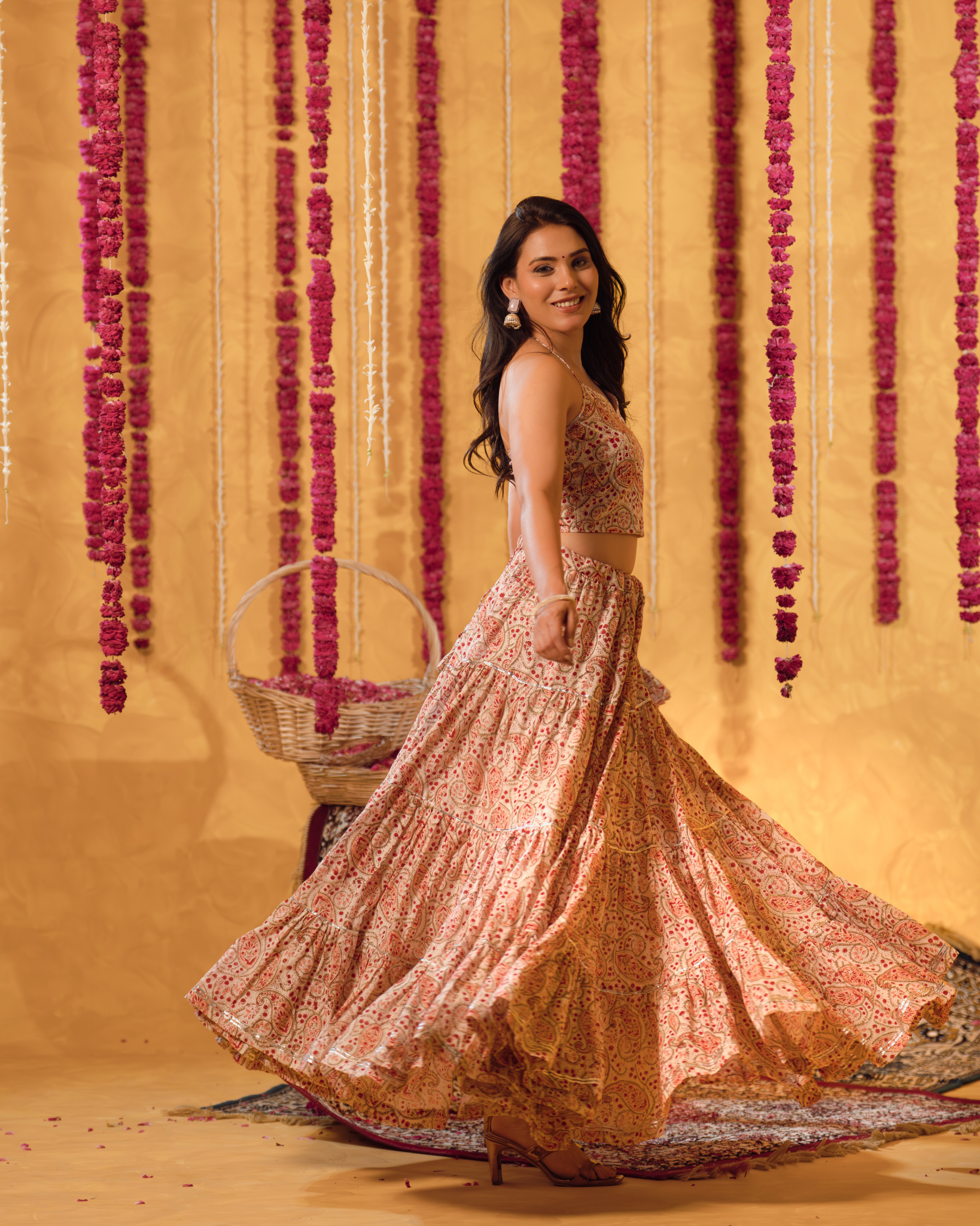 White Red Block print Tier Lehenga Set