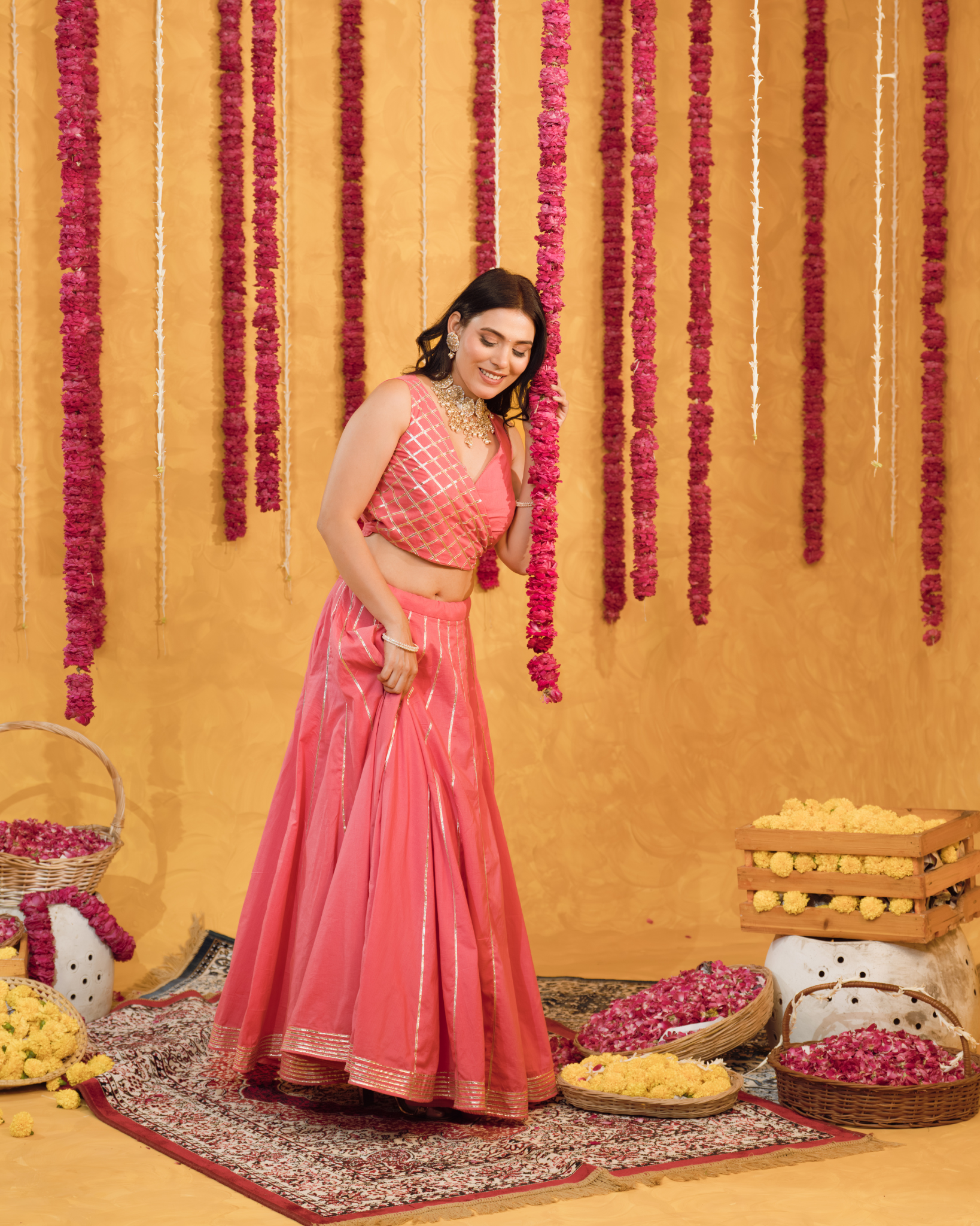 Roseberry peach pink cotton Lehenga set of 3