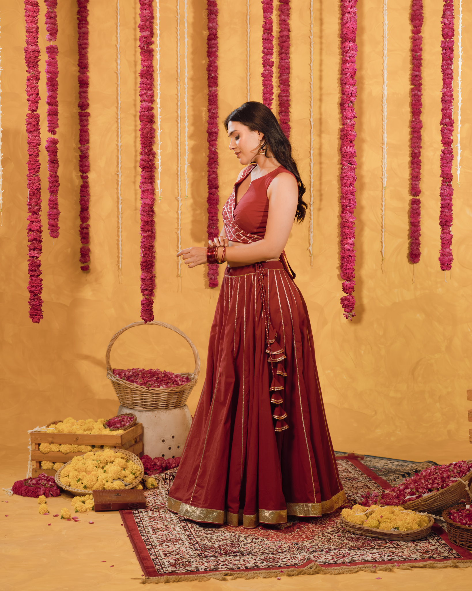 Berry wine cotton Lehenga set of 3