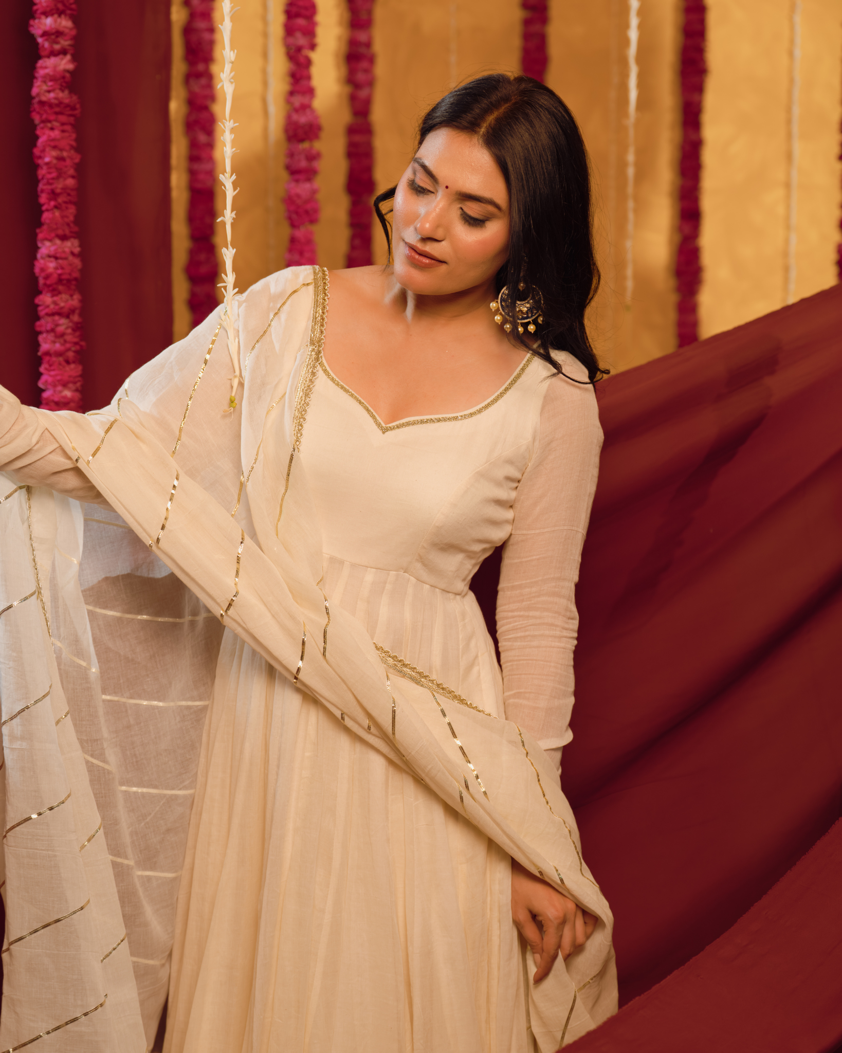 Ivory cream Mulmul Anarkali Suit 2pcs Set