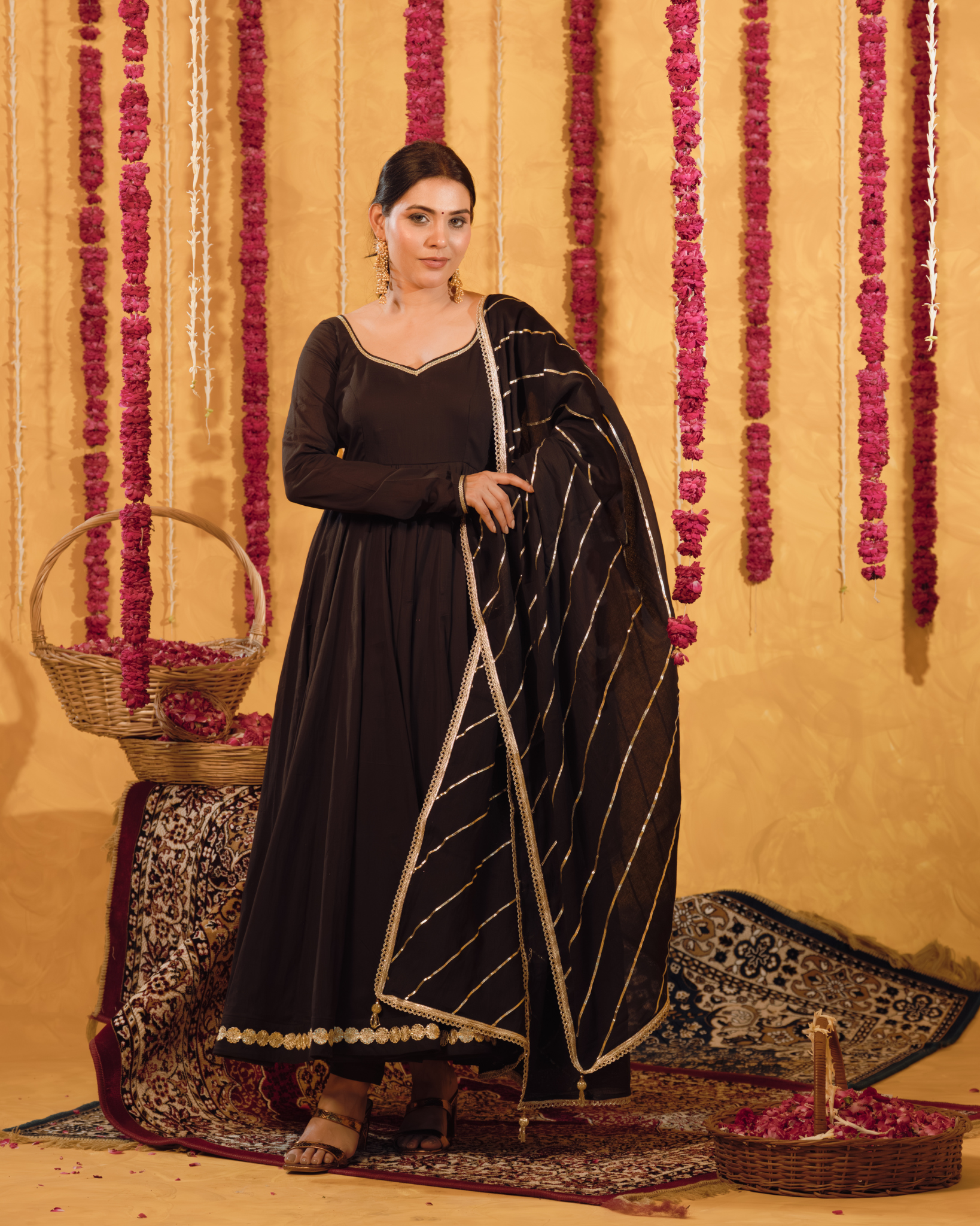 Royal Black Mulmul Anarkali Suit 2pcs Set