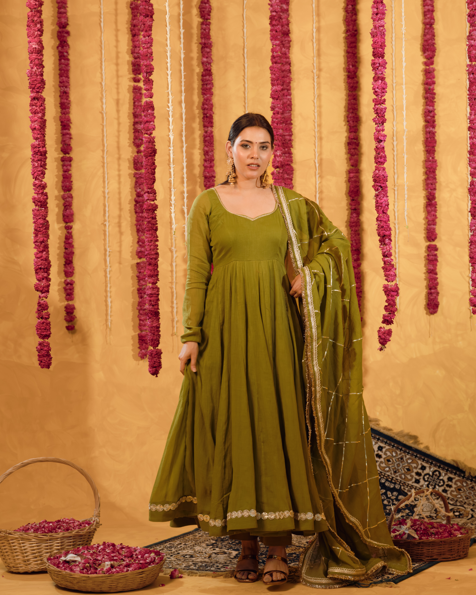 Mehndi Green Mulmul Anarkali Suit 2pcs Set