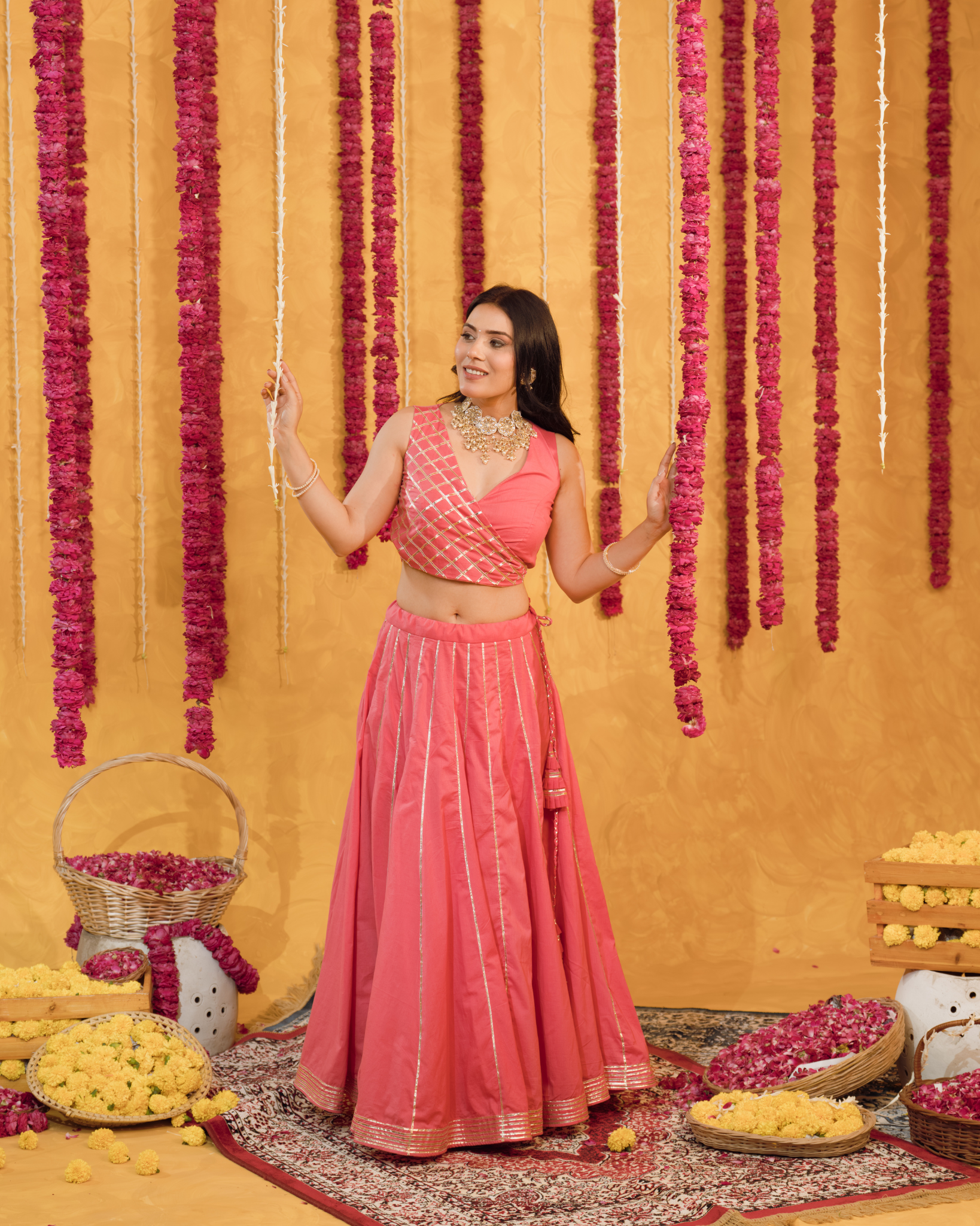 Roseberry peach pink cotton Lehenga set of 3