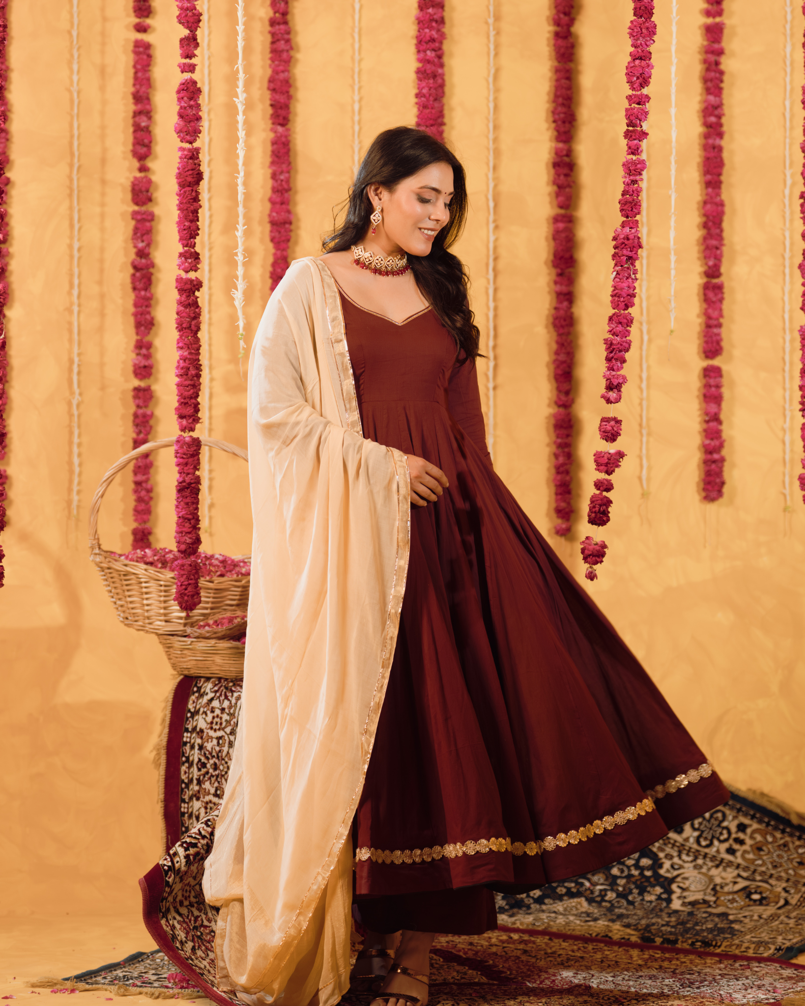 Berry wine Mulmul Anarkali Suit 2pcs Set