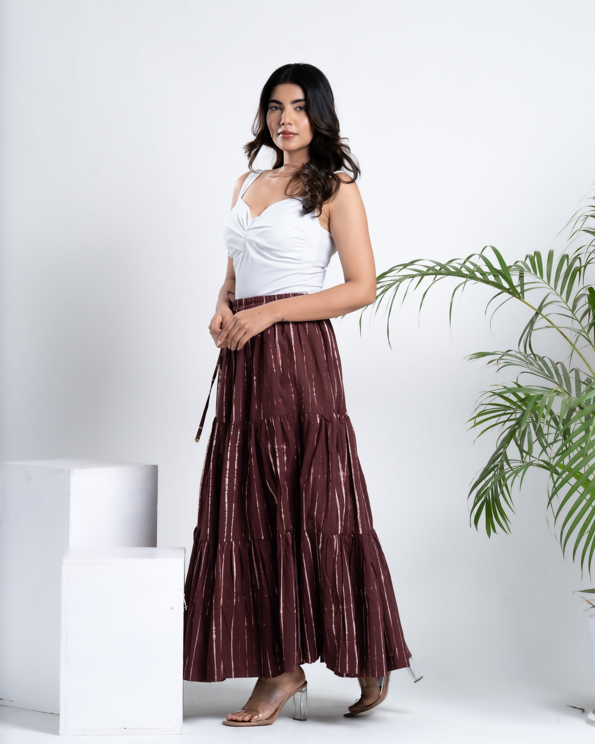 Buy Online: Brick Brown Shibori Cotton Maxi Skirt