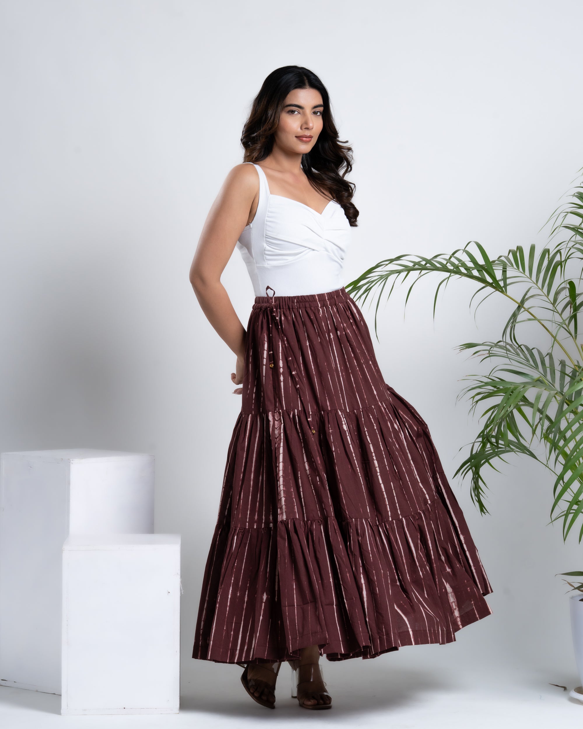 Brick Brown Shibori Dyed Flared Maxi Skirt Shop Now – Kaaskala