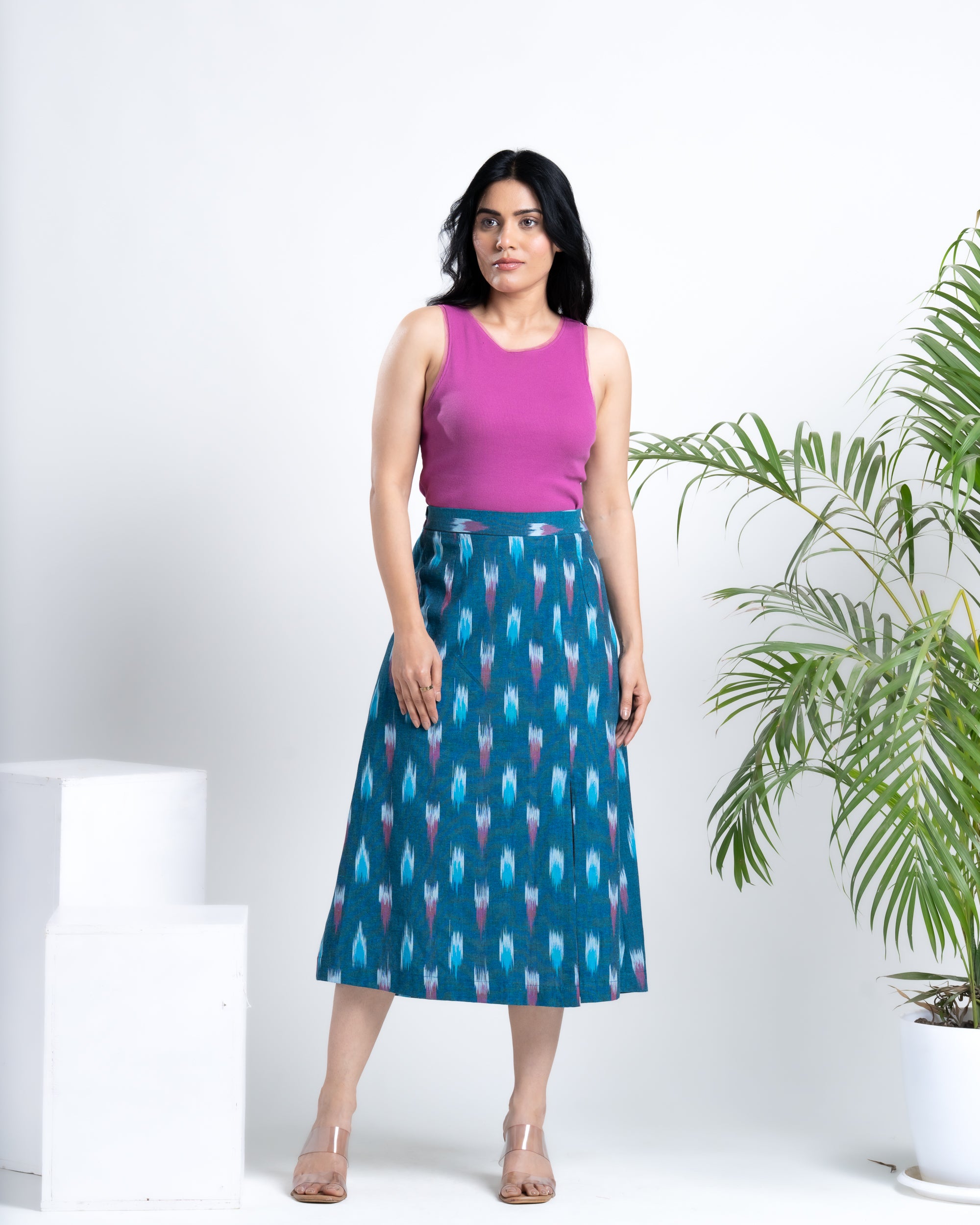 Buy Online-Ikat Weave Midi Skirt in Ocean Blue
