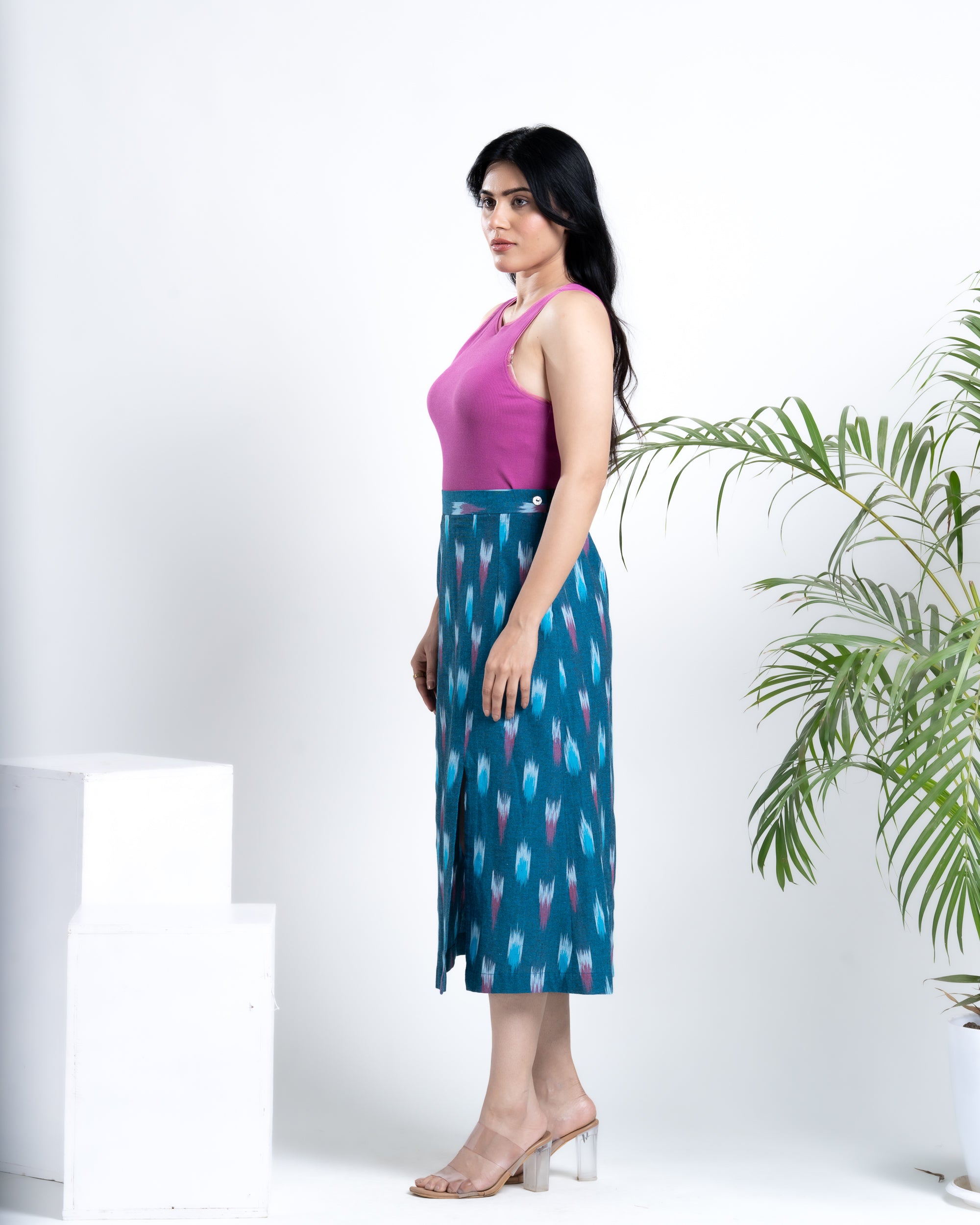 Ocean Blue Ikat Midi Slit Skirt – Shop Now