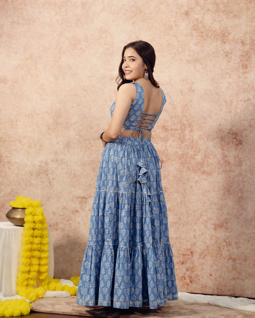 Sky Blue Block Print Tier Lehenga Set