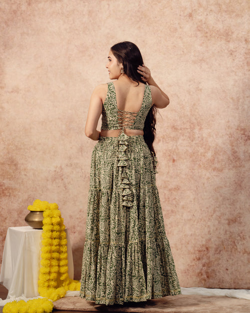 Green Block print Tier Lehenga Set