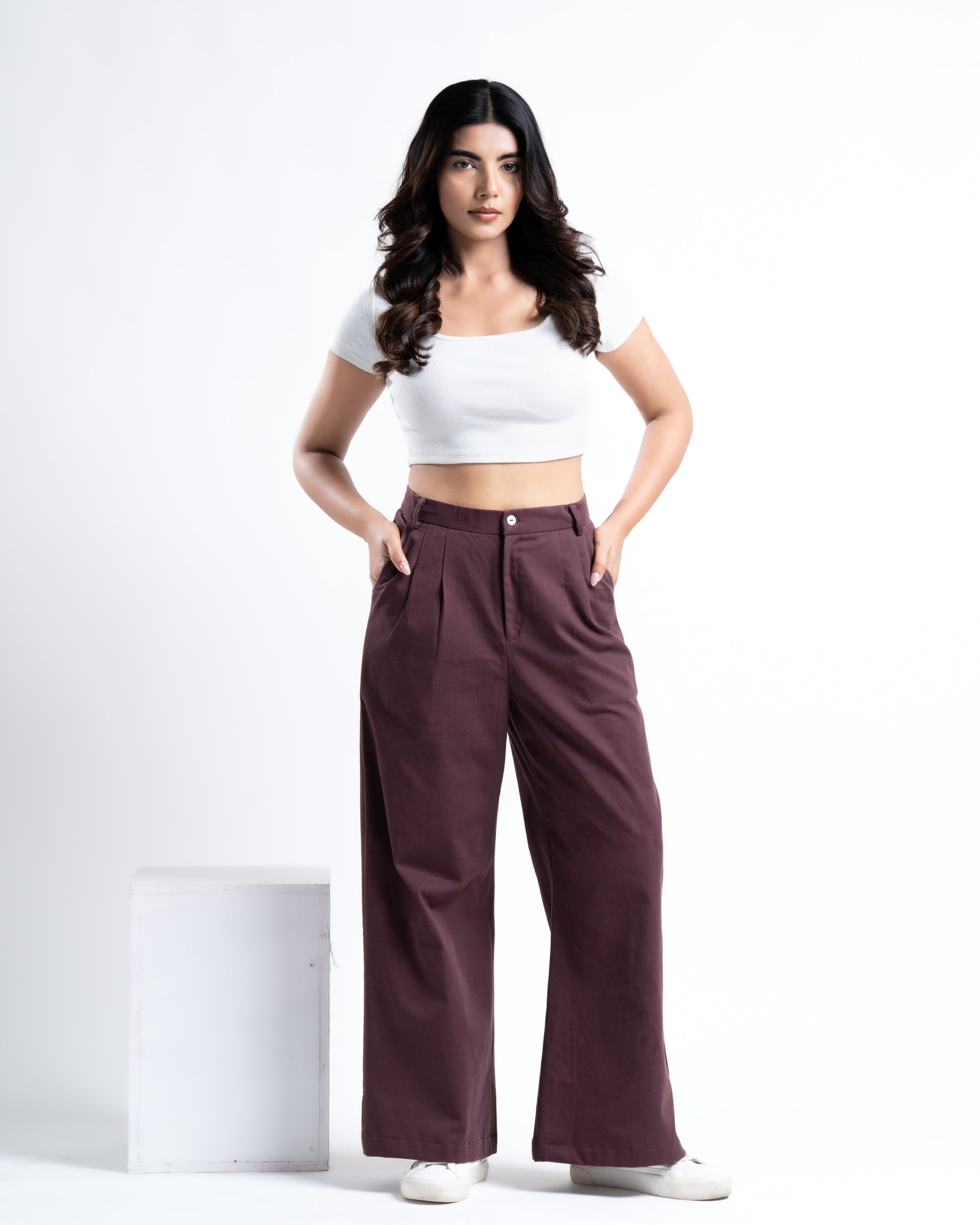 Wide-Leg Pleated Pants Plum Brown