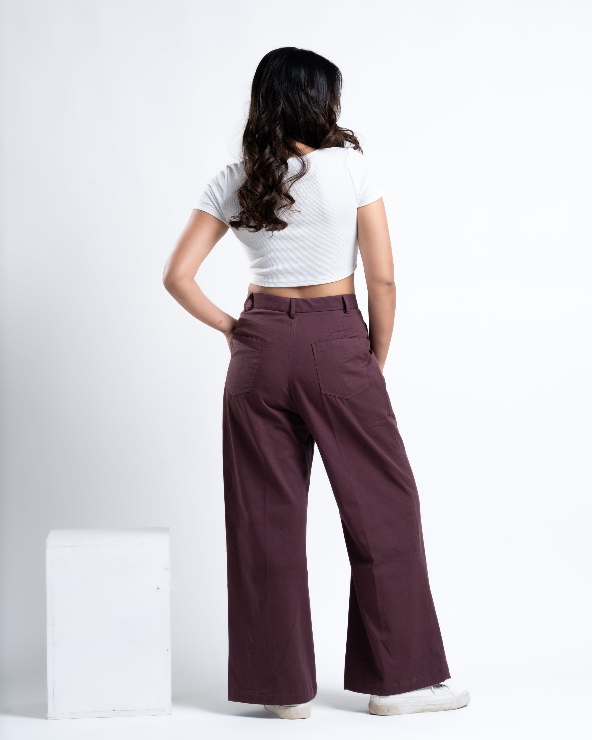 Wide-Leg Pleated Pants Plum Brown