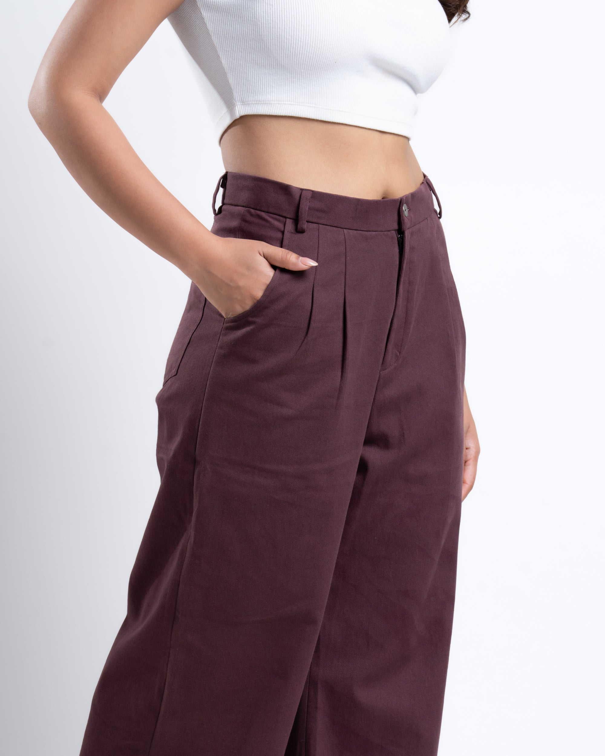 Wide-Leg Pleated Pants Plum Brown