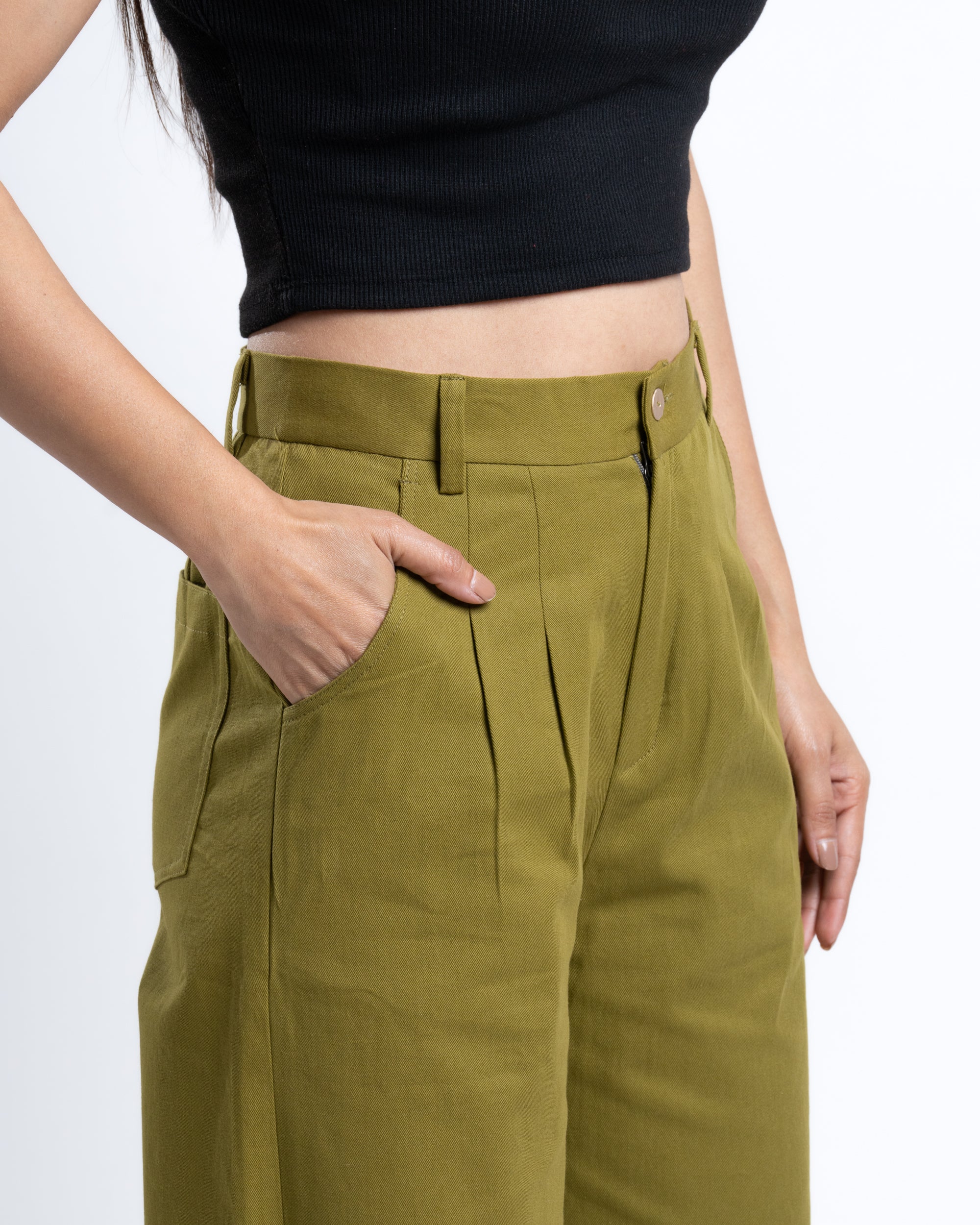 Wide-Leg Pleated Pants Moss Green
