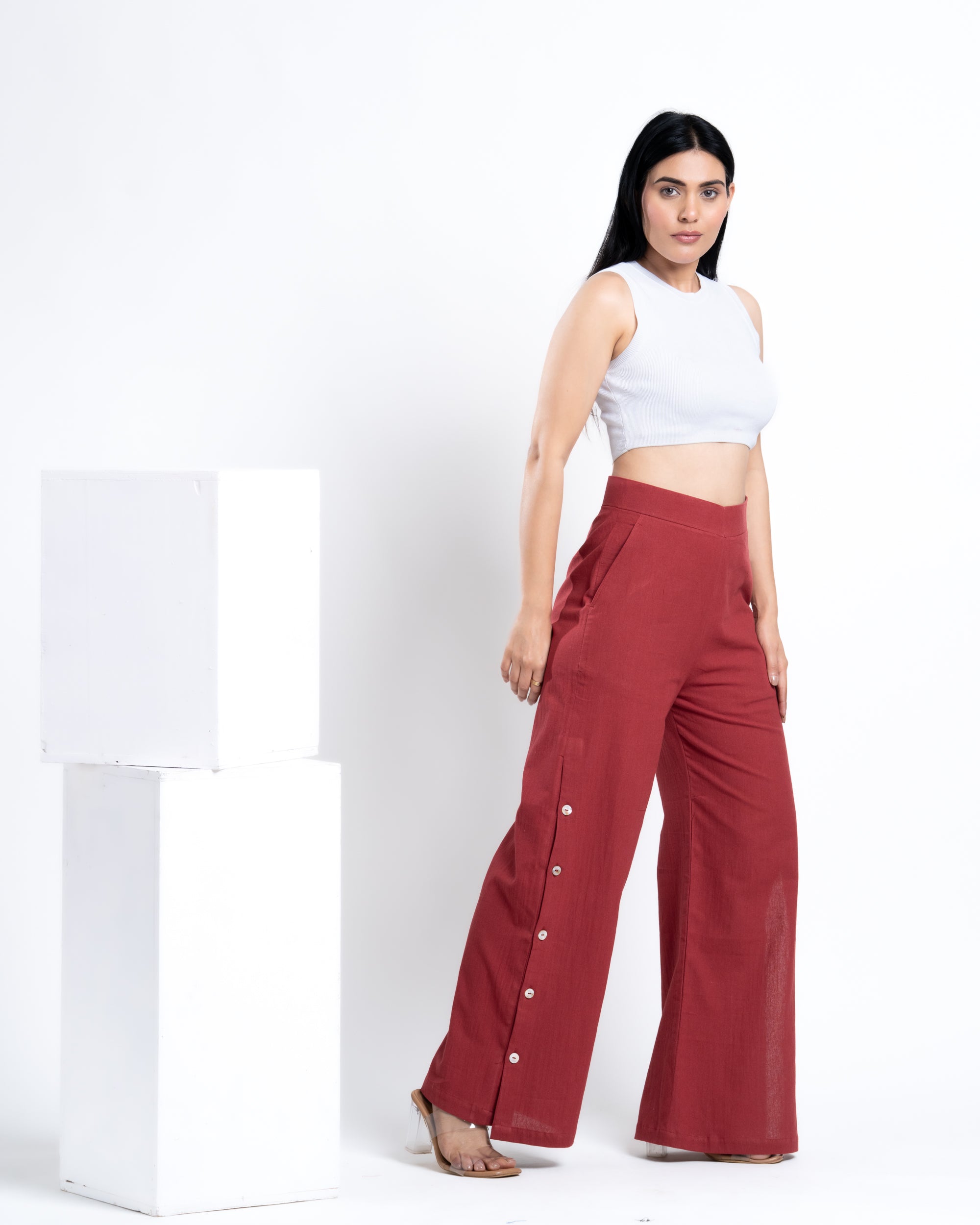 Wide Leg Slit Pant Brick Red