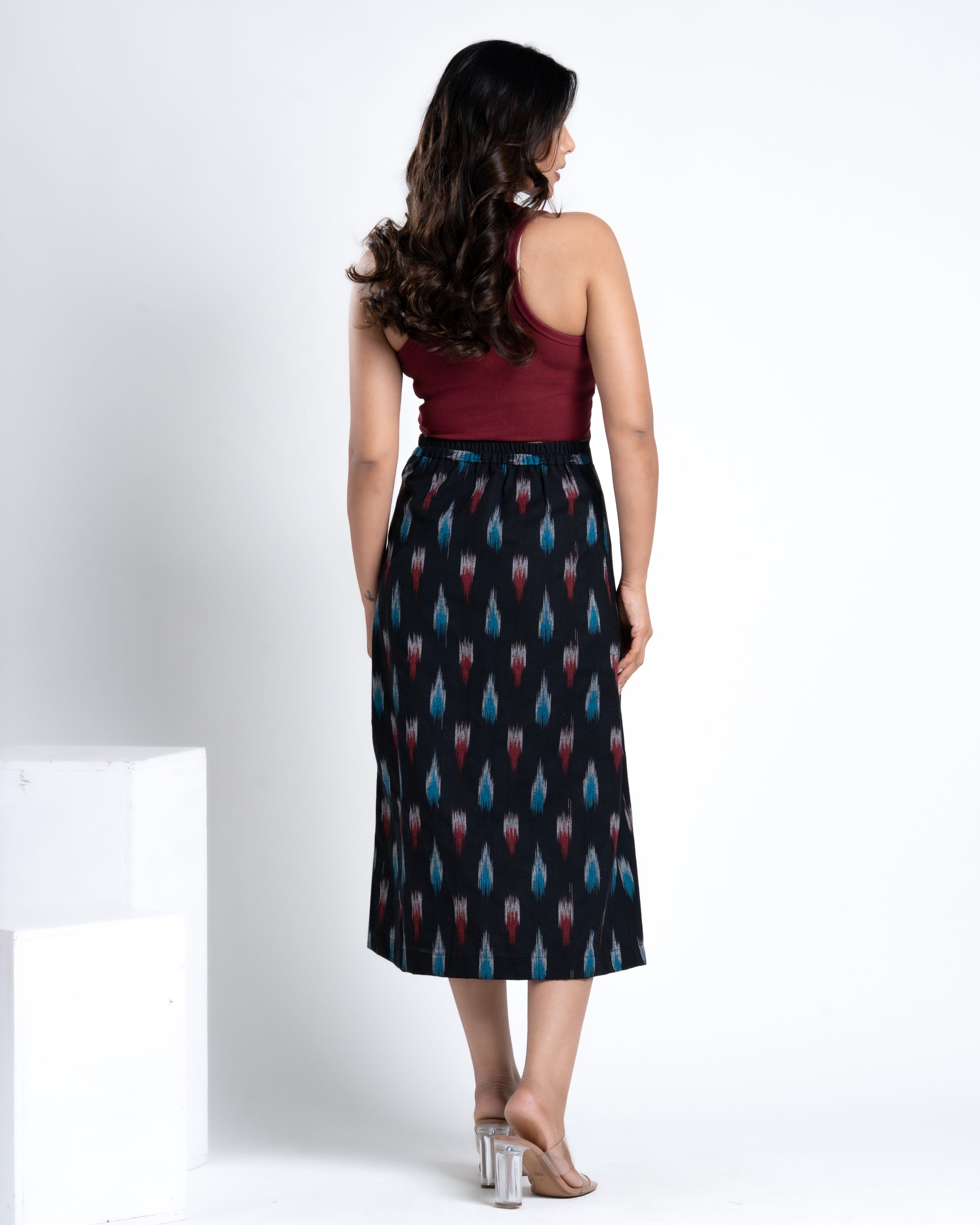 Midi Slit Skirt Ikat Weave Black
