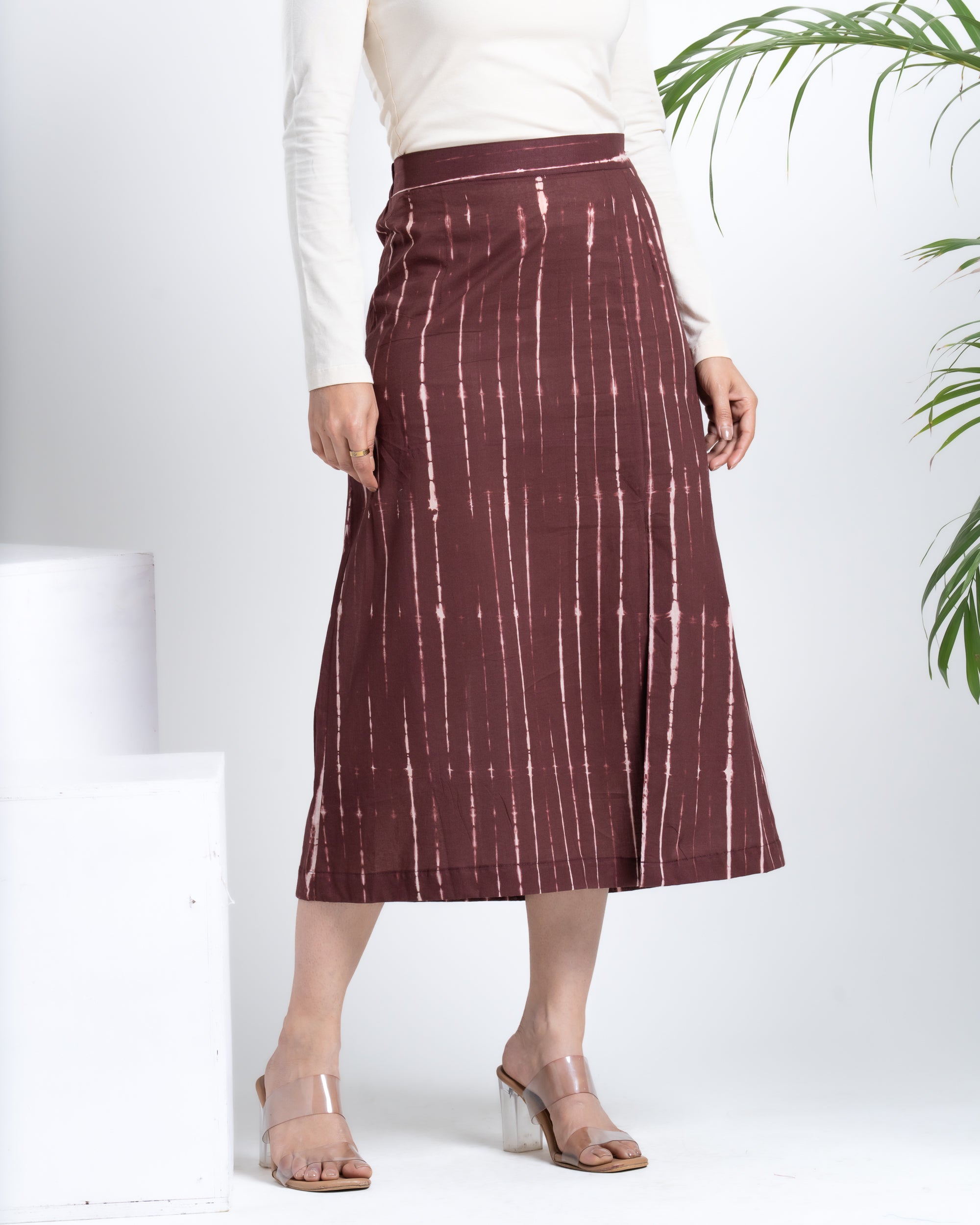 Midi Slit Skirt Shibori Dyed Brick Brown