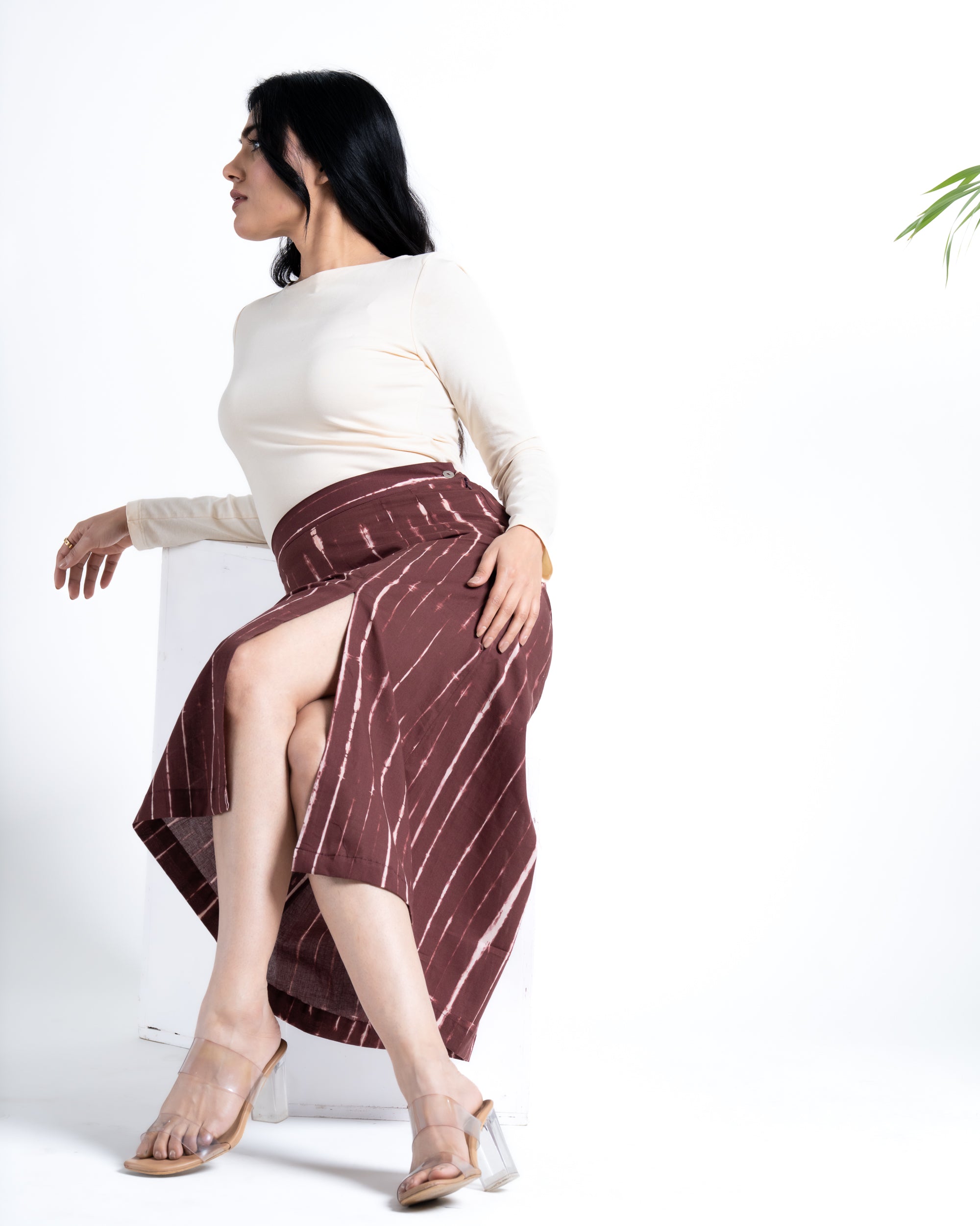 Midi Slit Skirt Shibori Dyed Brick Brown