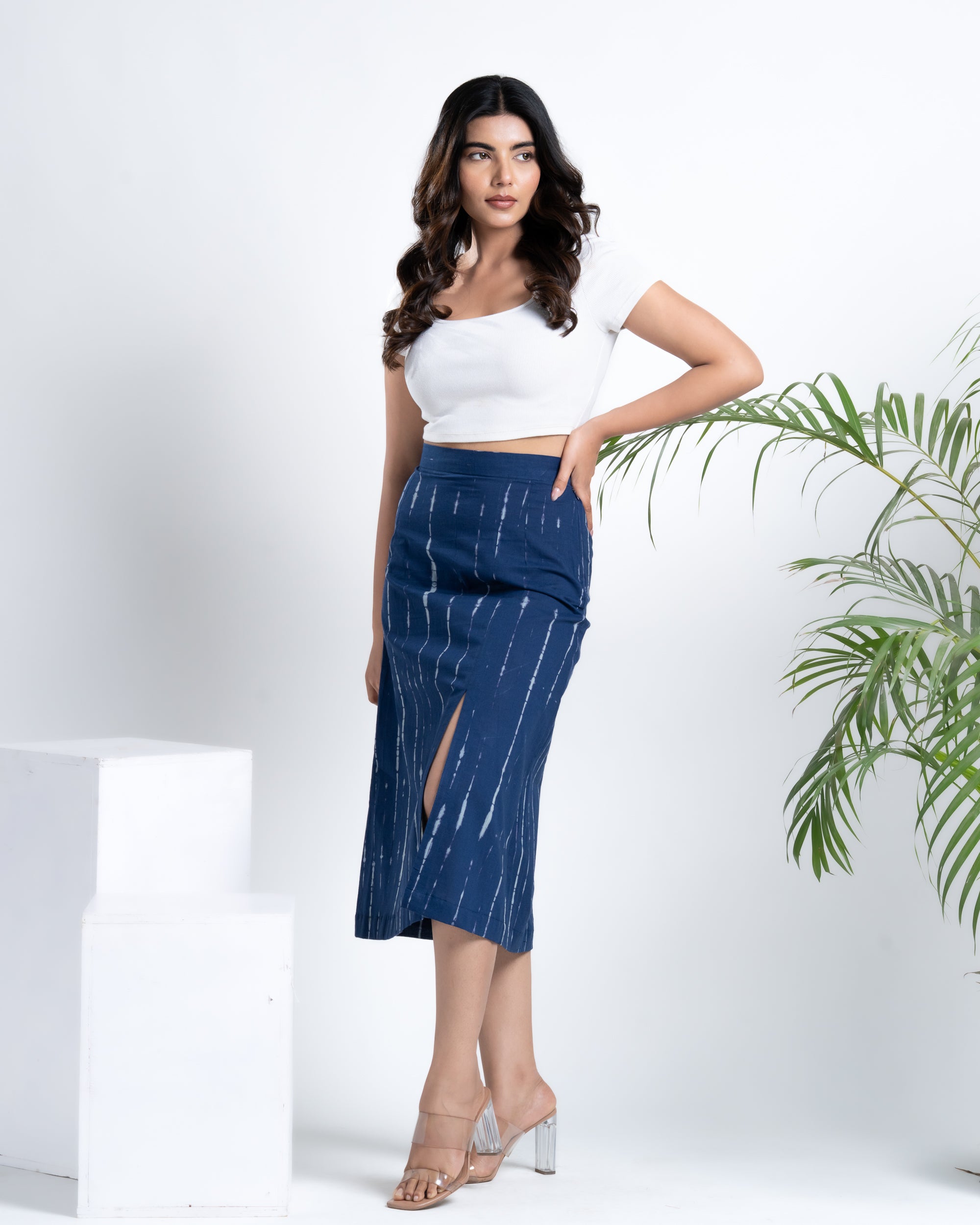 Midi Slit Skirt Shibori Dyed Indigo Blue