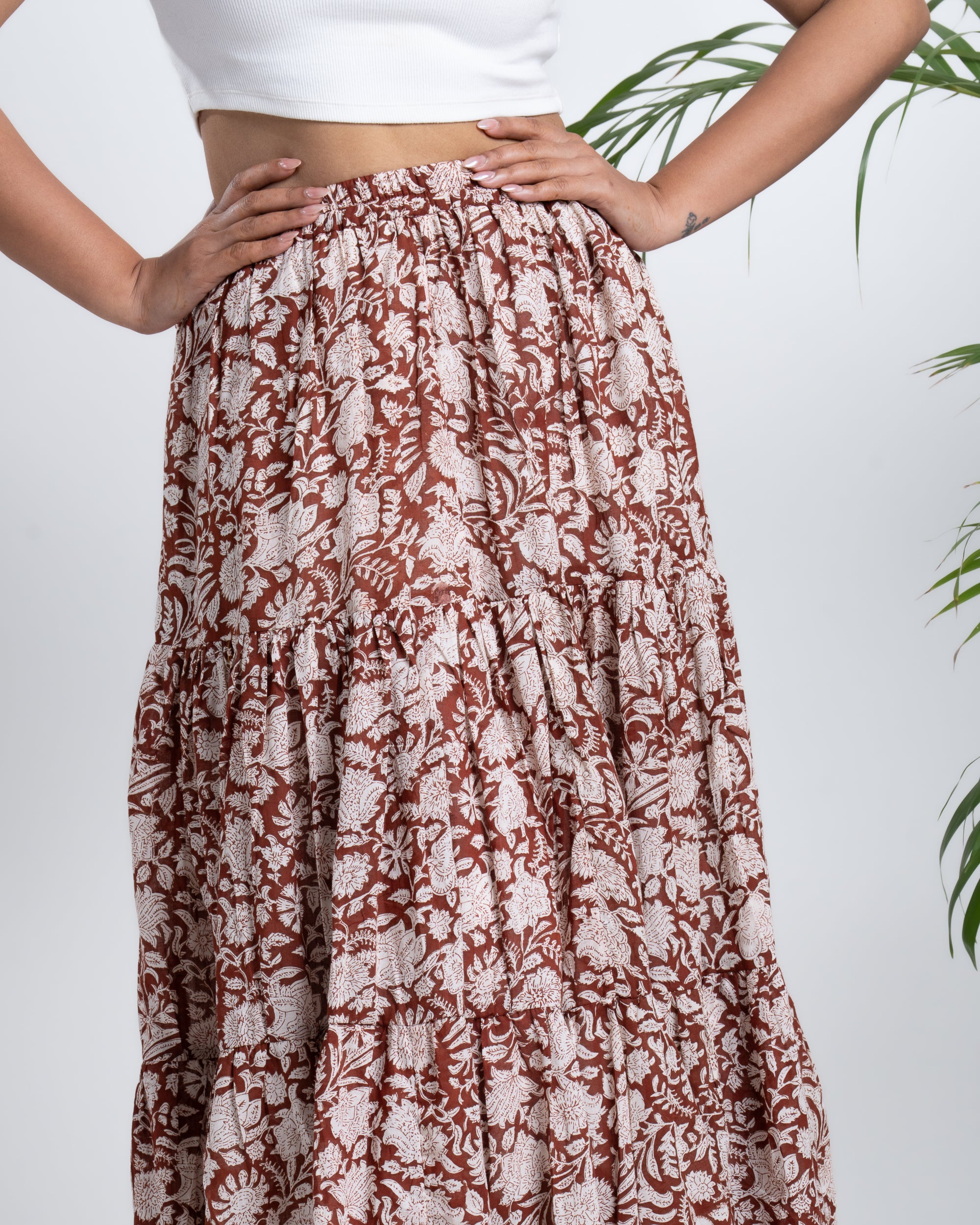 Flared Maxi Skirt - Hand Block Printed Brick Brown