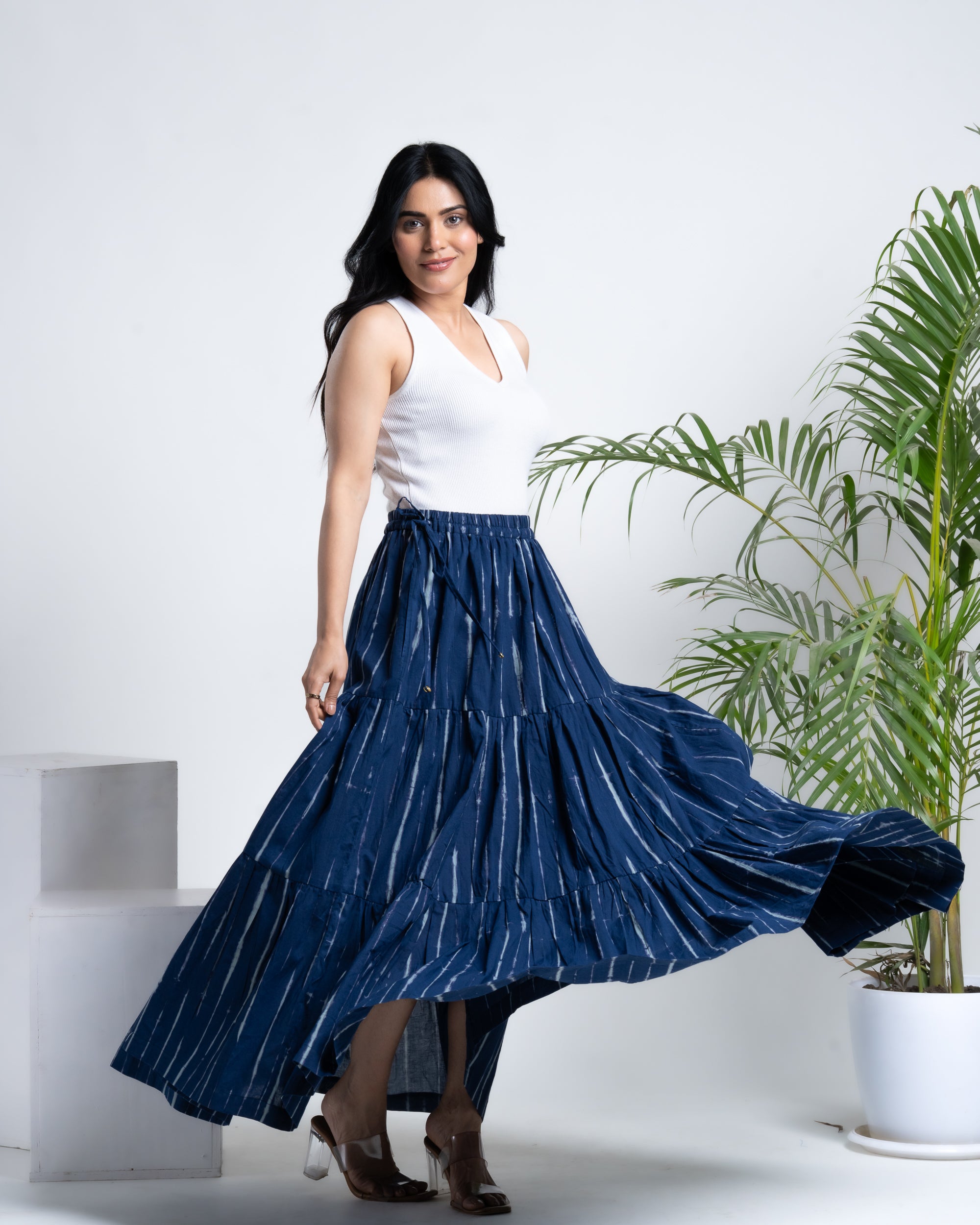 Flared Maxi Skirt - Shibori Dyed Indigo Blue