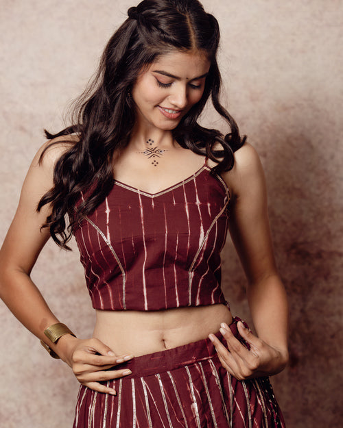 Shibori Brick Brown Kali Lehenga Set