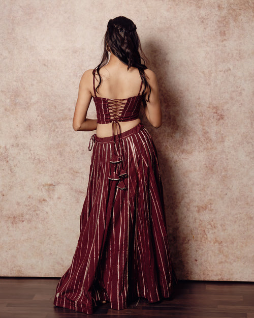 Shibori Brick Brown Kali Lehenga Set