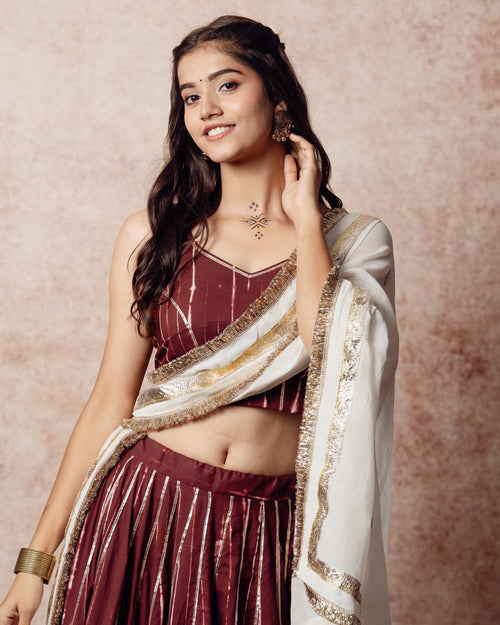 Shibori Brick Brown Kali Lehenga Set