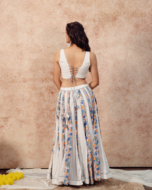 White Solids & Block Print Kali Lehenga Set