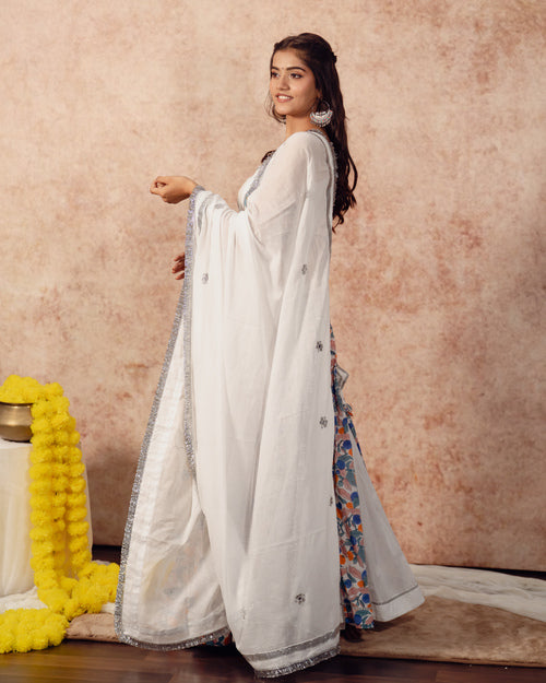 White Solids & Block Print Kali Lehenga Set
