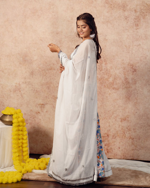 White Solids & Block Print Kali Lehenga Set