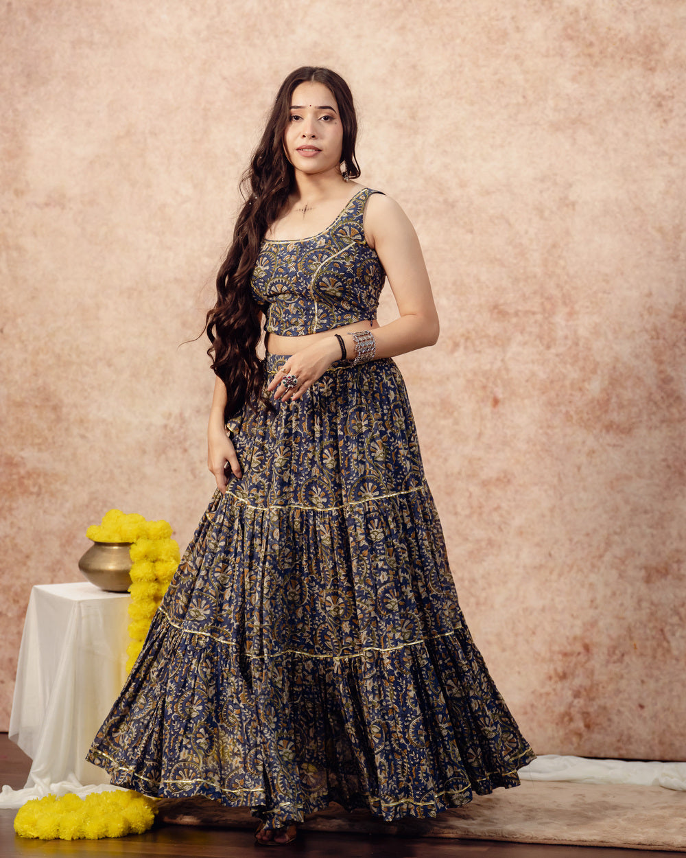 Dark Green Block Print Tier Lehenga Set