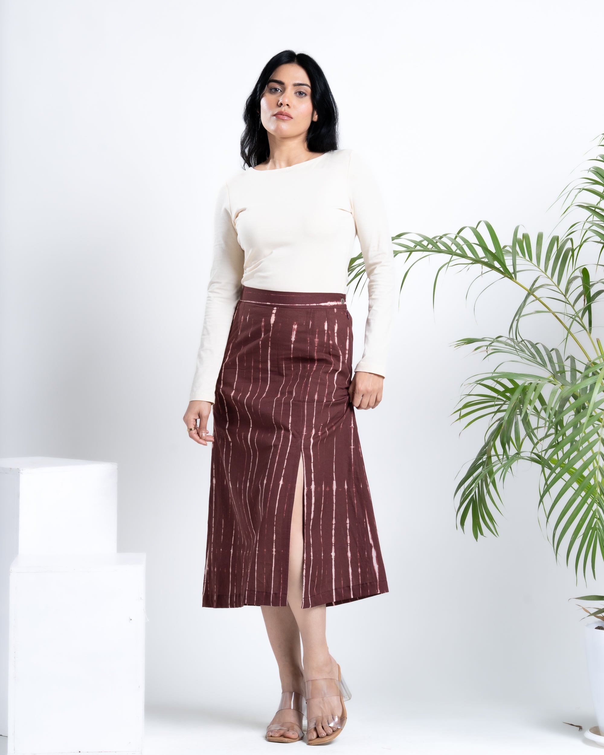 Shop Now Shibori Dyed Brick Brown Midi Skirt
