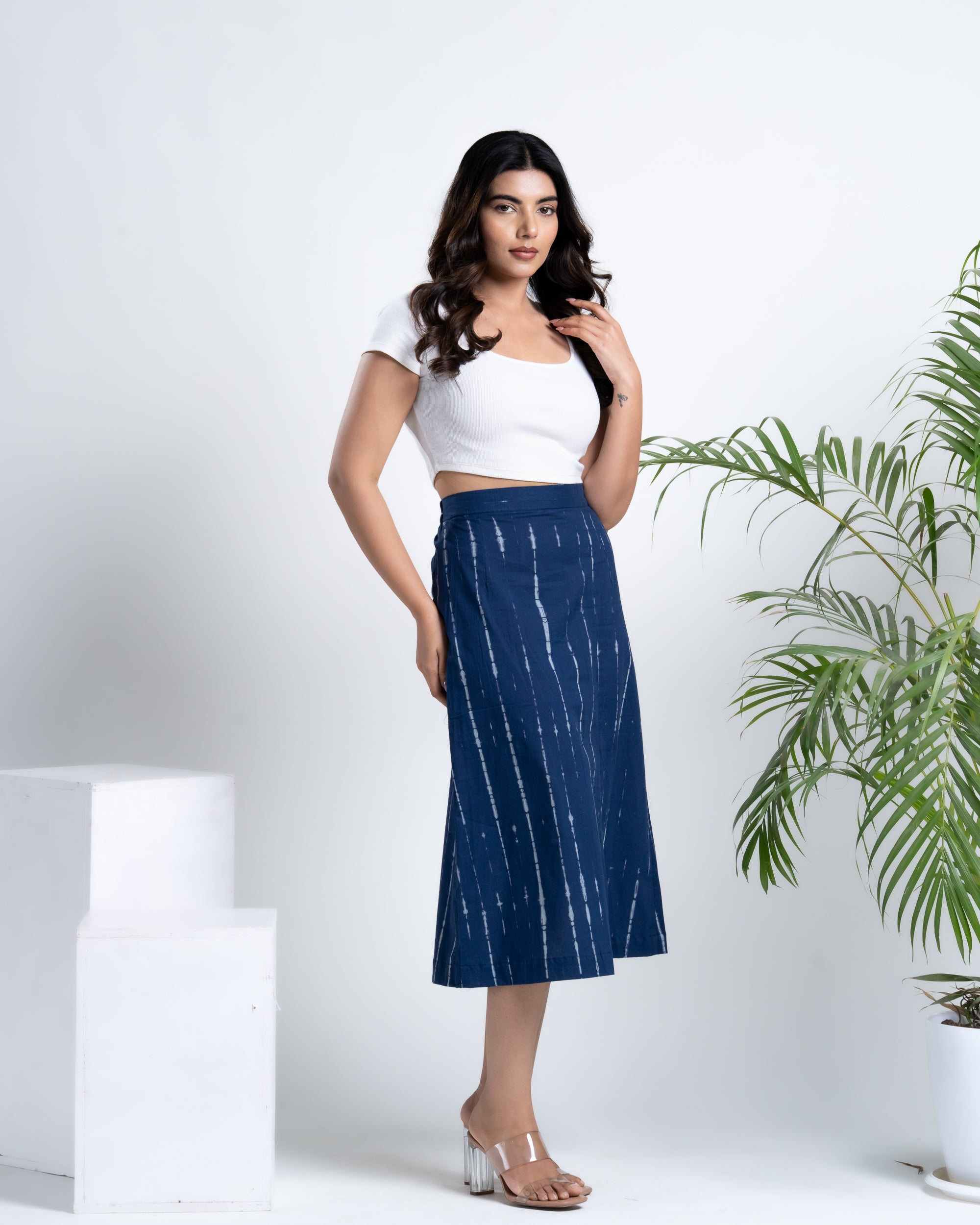 Shop Now Shibori Dyed Indigo Blue Midi Skirt