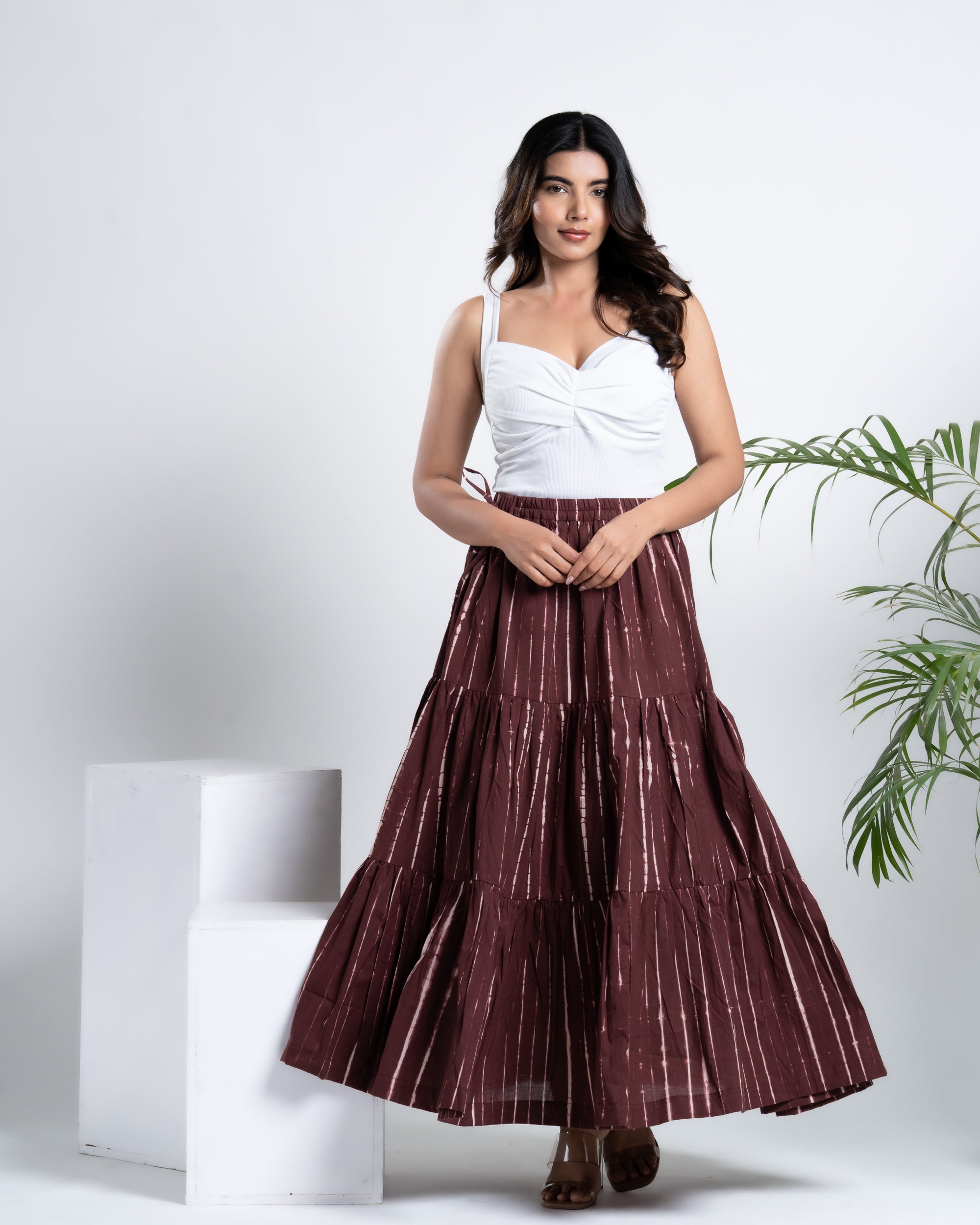 Shop Now: Shibori Dyed Flared Skirt – Brick Brown