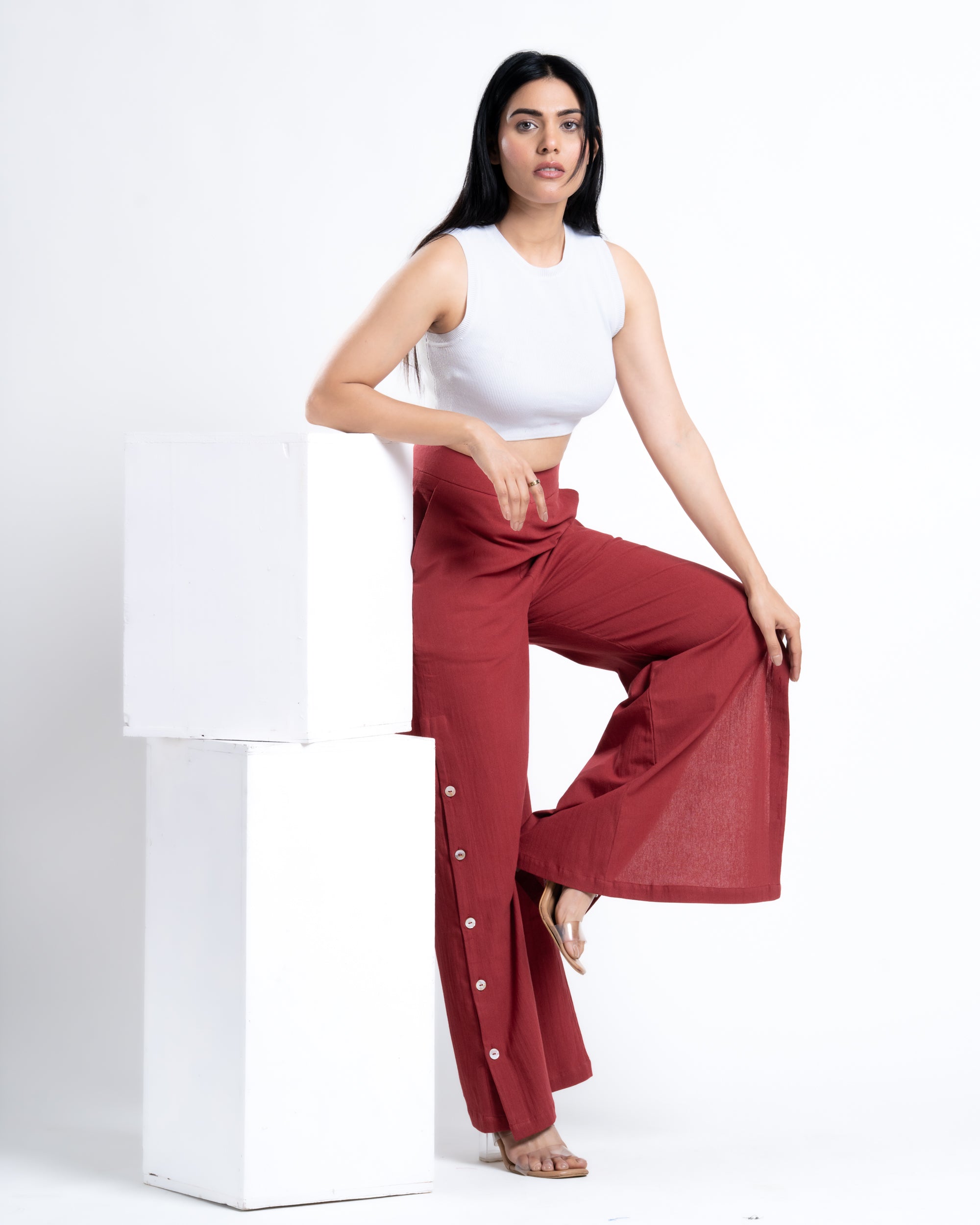 Shop Wide Leg Slit Pant in Brick Red