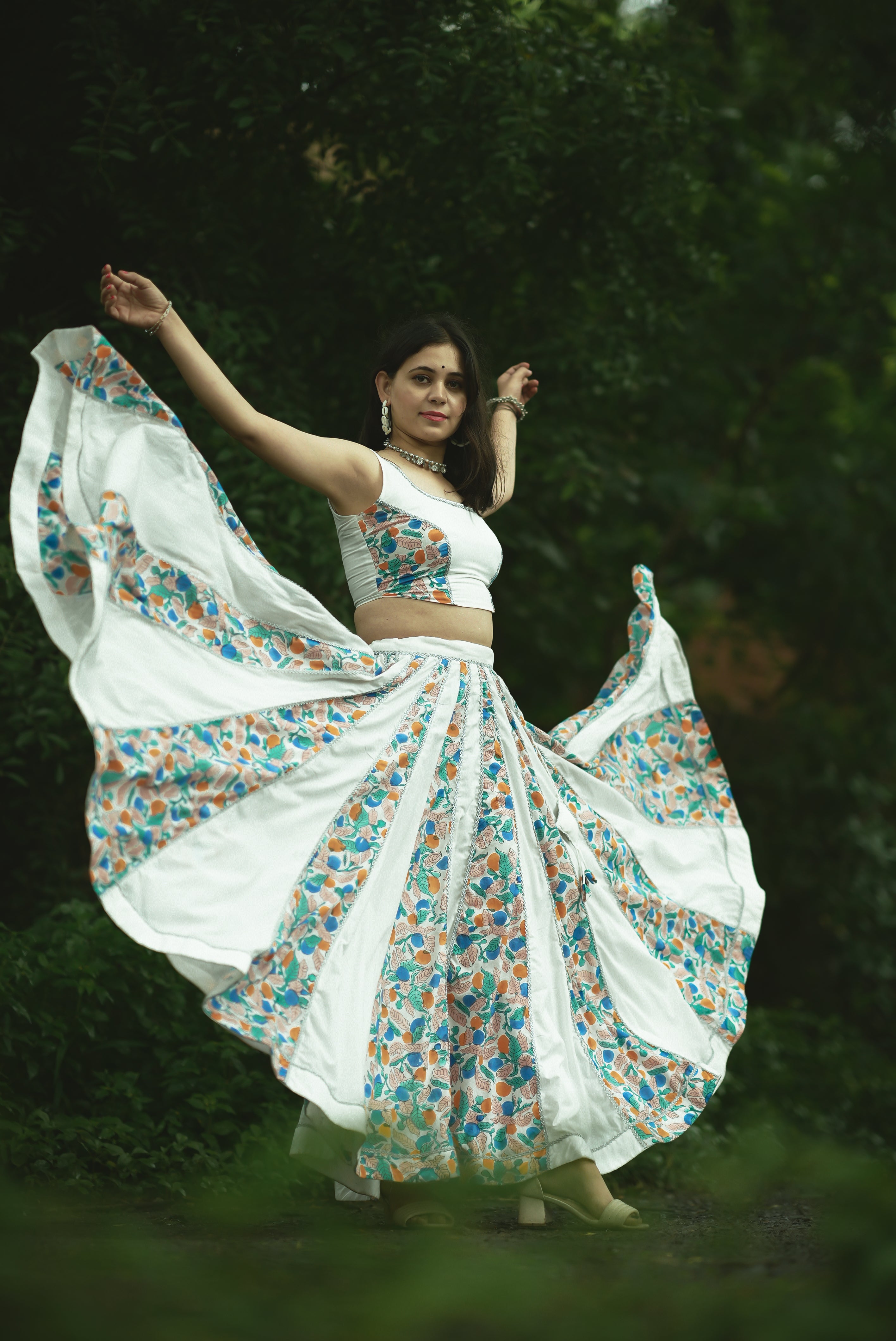 White Solids & Block Print Kali Lehenga Set