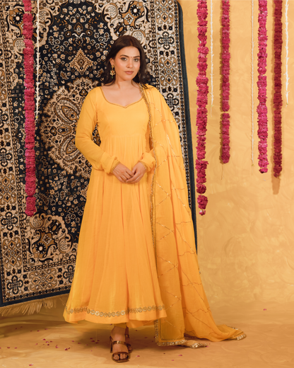 Haldi Yellow Mulmul Anarkali Suit 2pcs Set