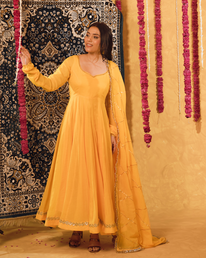 Haldi Yellow Mulmul Anarkali Suit 2pcs Set