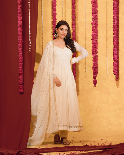 Ivory cream Mulmul Anarkali Suit 2pcs Set